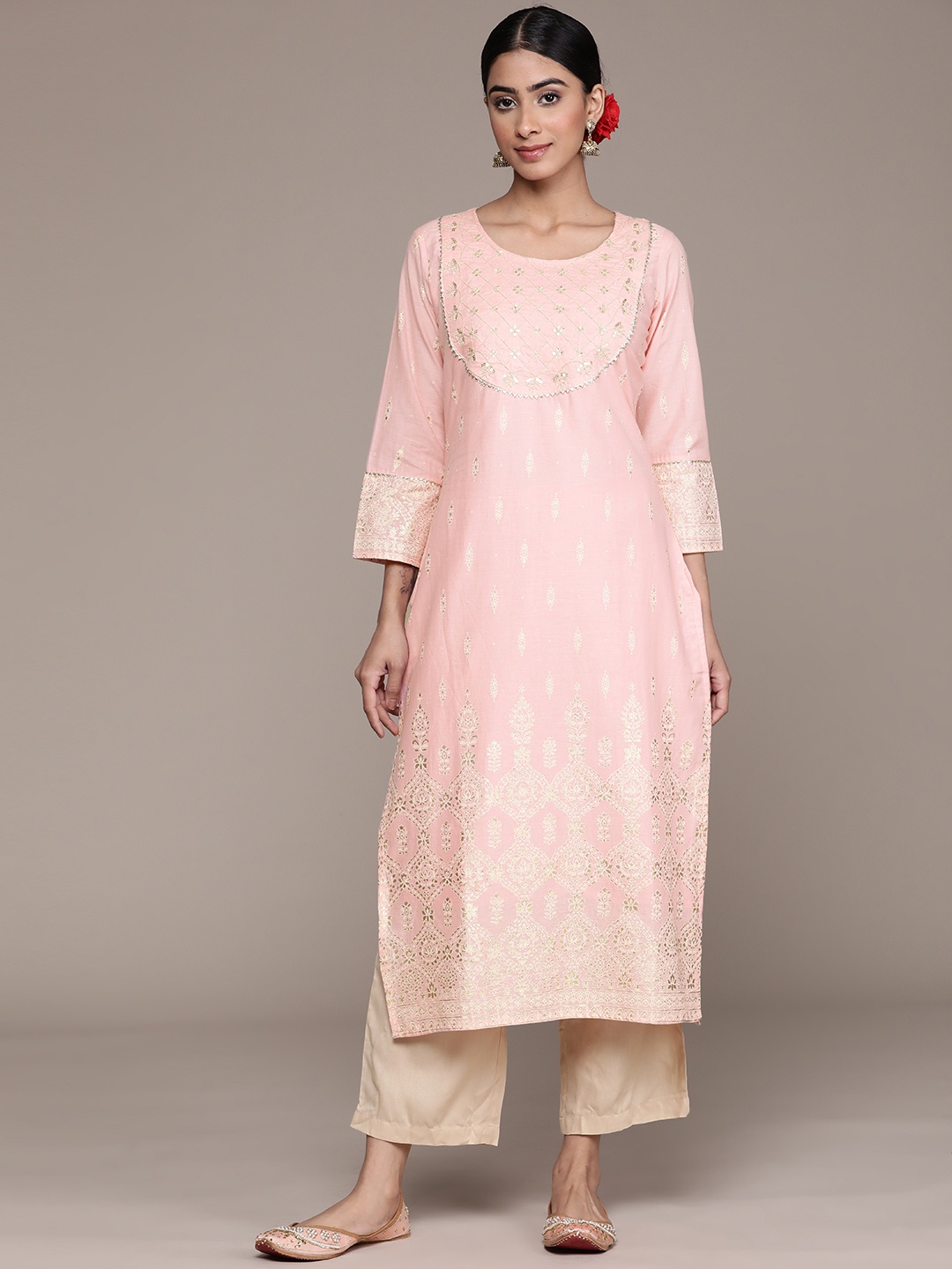 

Ishin Women Pink Ethnic Motifs Printed Gotta Patti Kurta