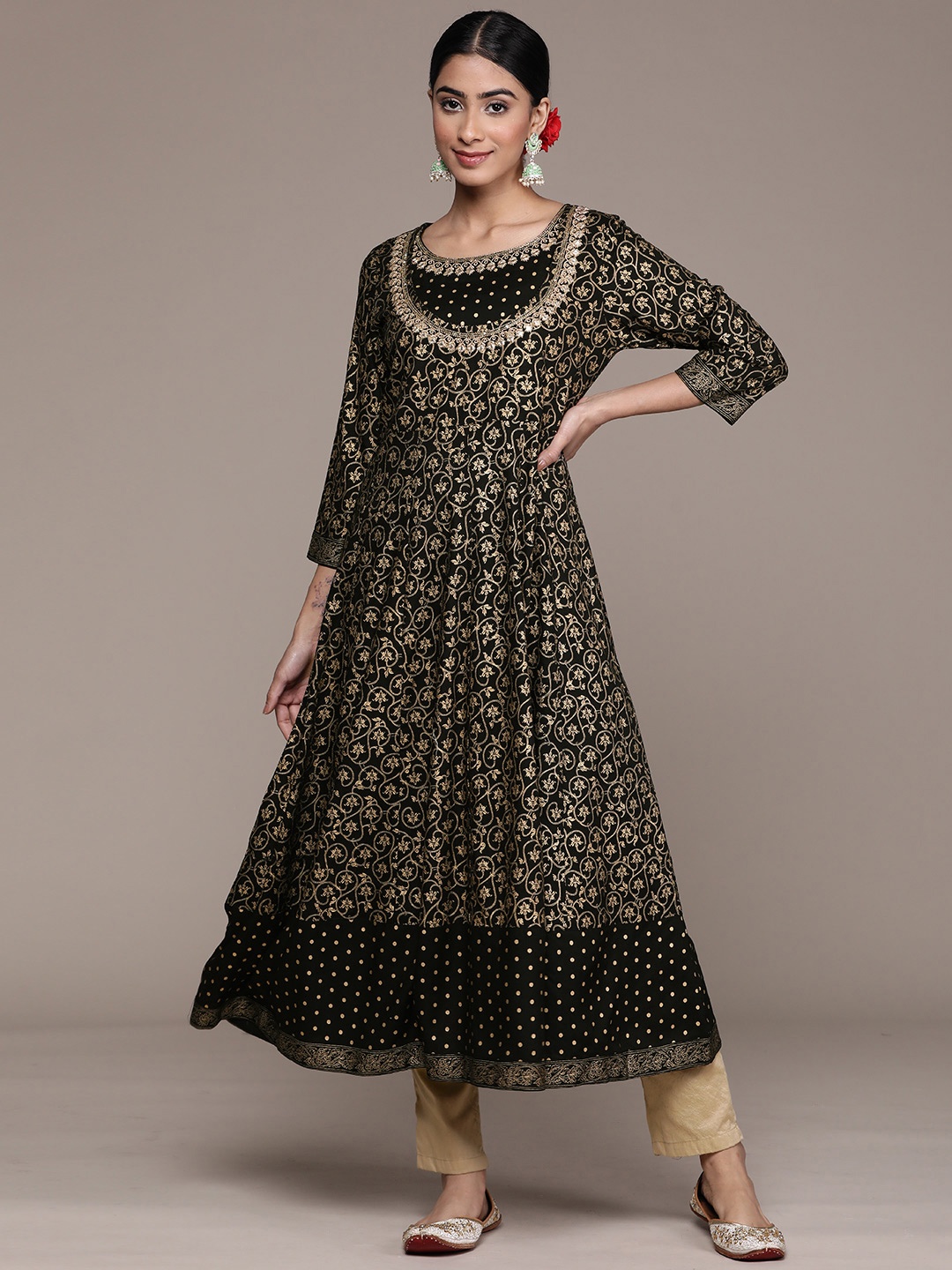 

Ishin Foil Print Embellished Mirror Work Anarkali Kurta, Black