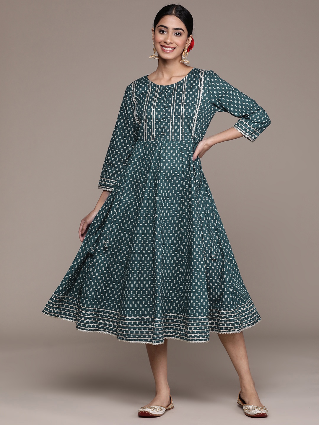 

Ishin Ethnic Motifs Print Pure Cotton Midi Ethnic Dress With Gotta Patti Detail, Blue
