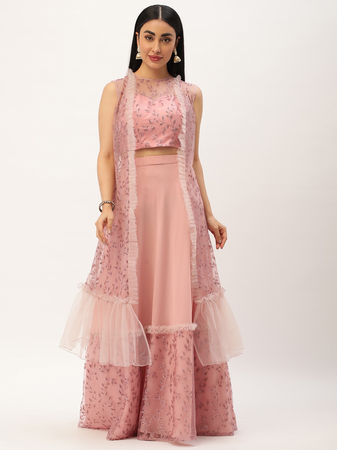 

Ethnovog Embellished Sequinned Ready to Wear Lehenga with Shrug, Pink
