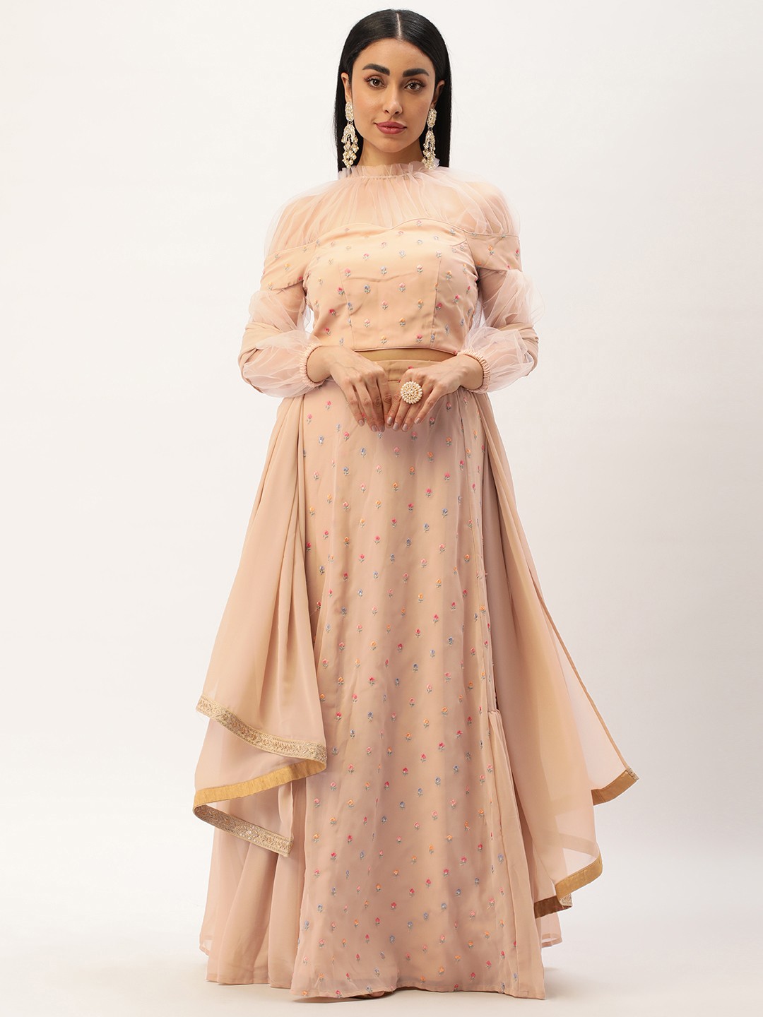 

Ethnovog Embroidered Ready to Wear Lehenga & Blouse With Dupatta, Beige