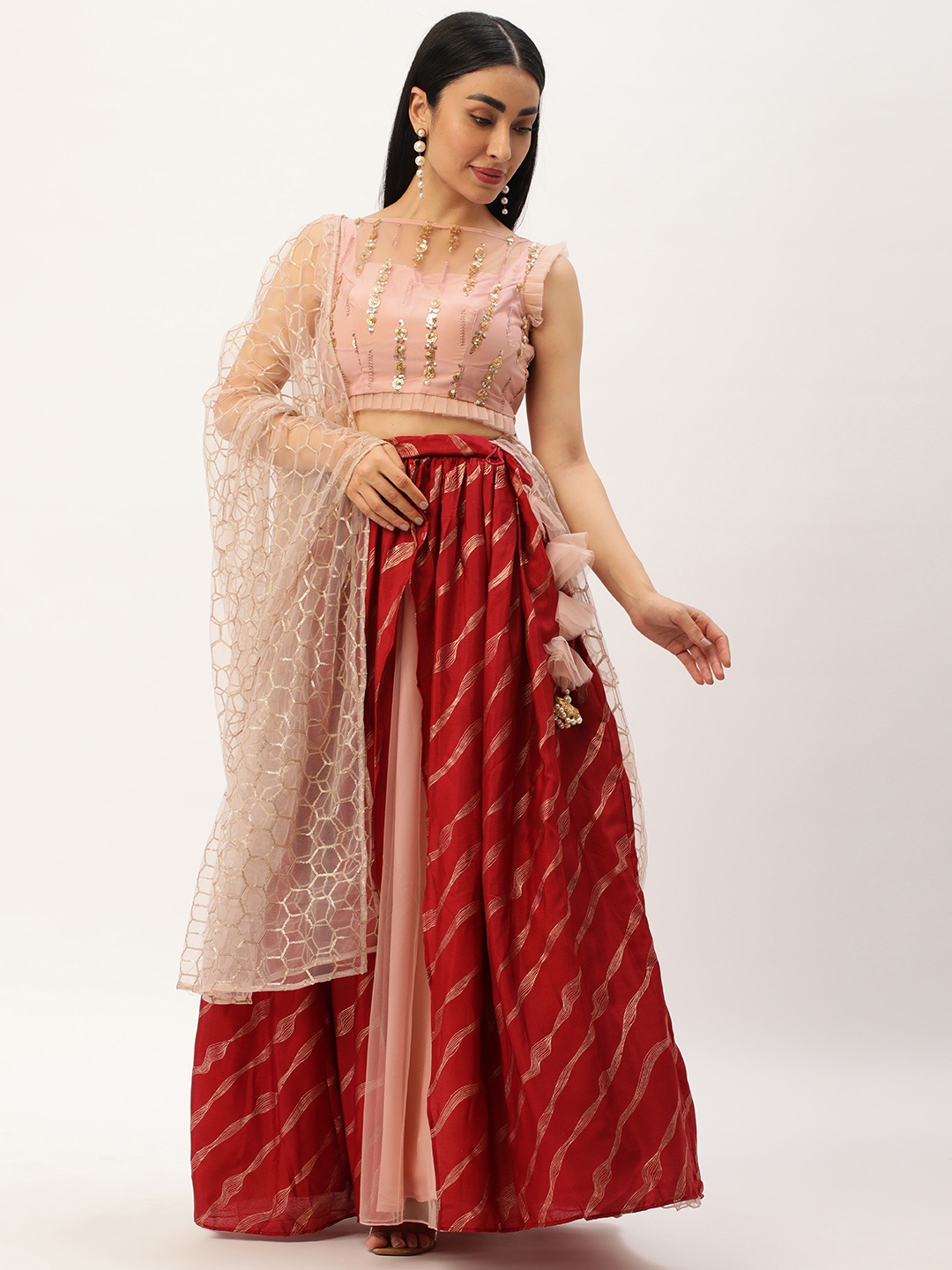 

Ethnovog Embellished Sequinned Ready to Wear Lehenga & Blouse With Dupatta, Maroon