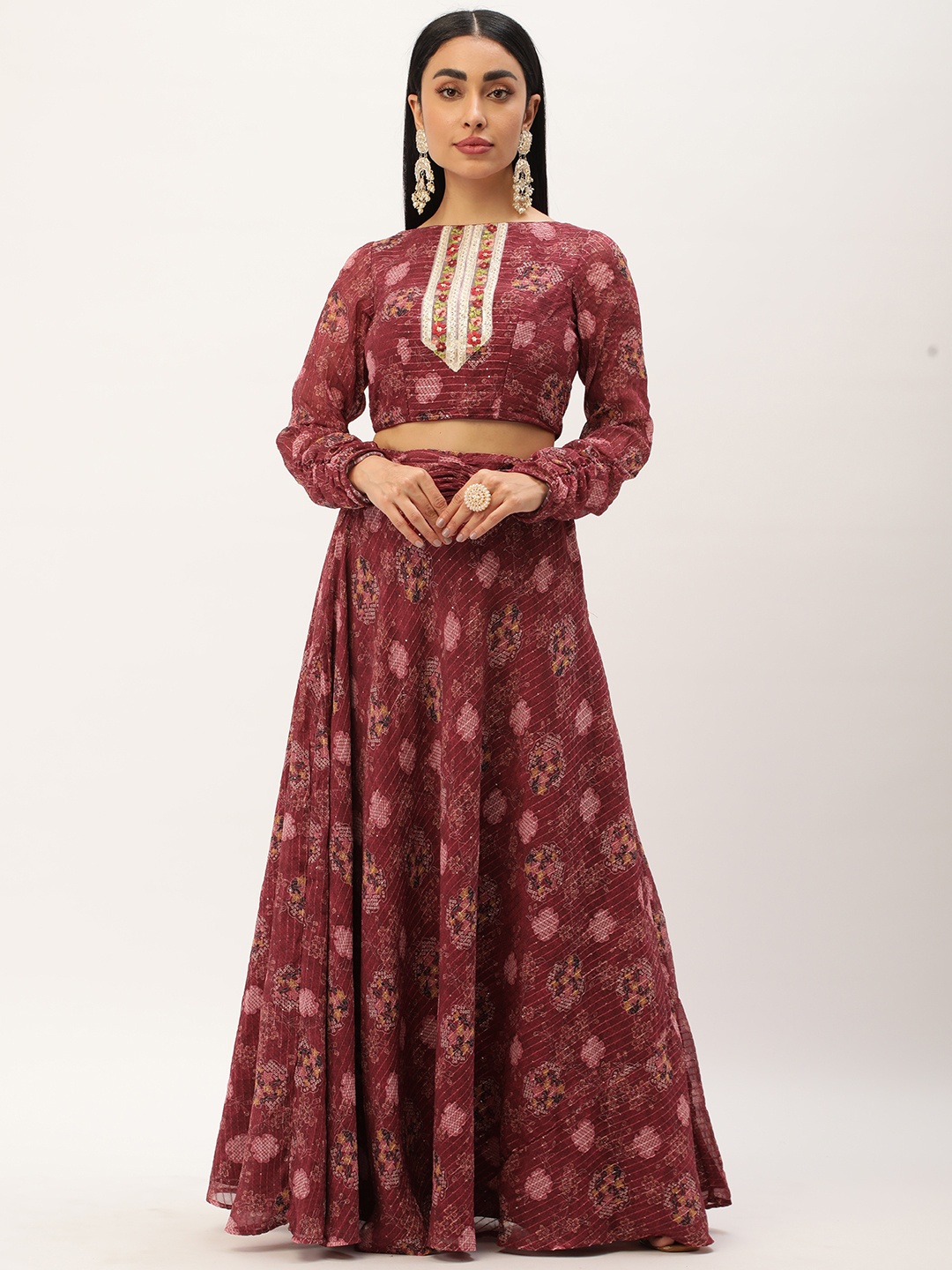 

Ethnovog Printed Thread Work Ready to Wear Lehenga Choli, Burgundy