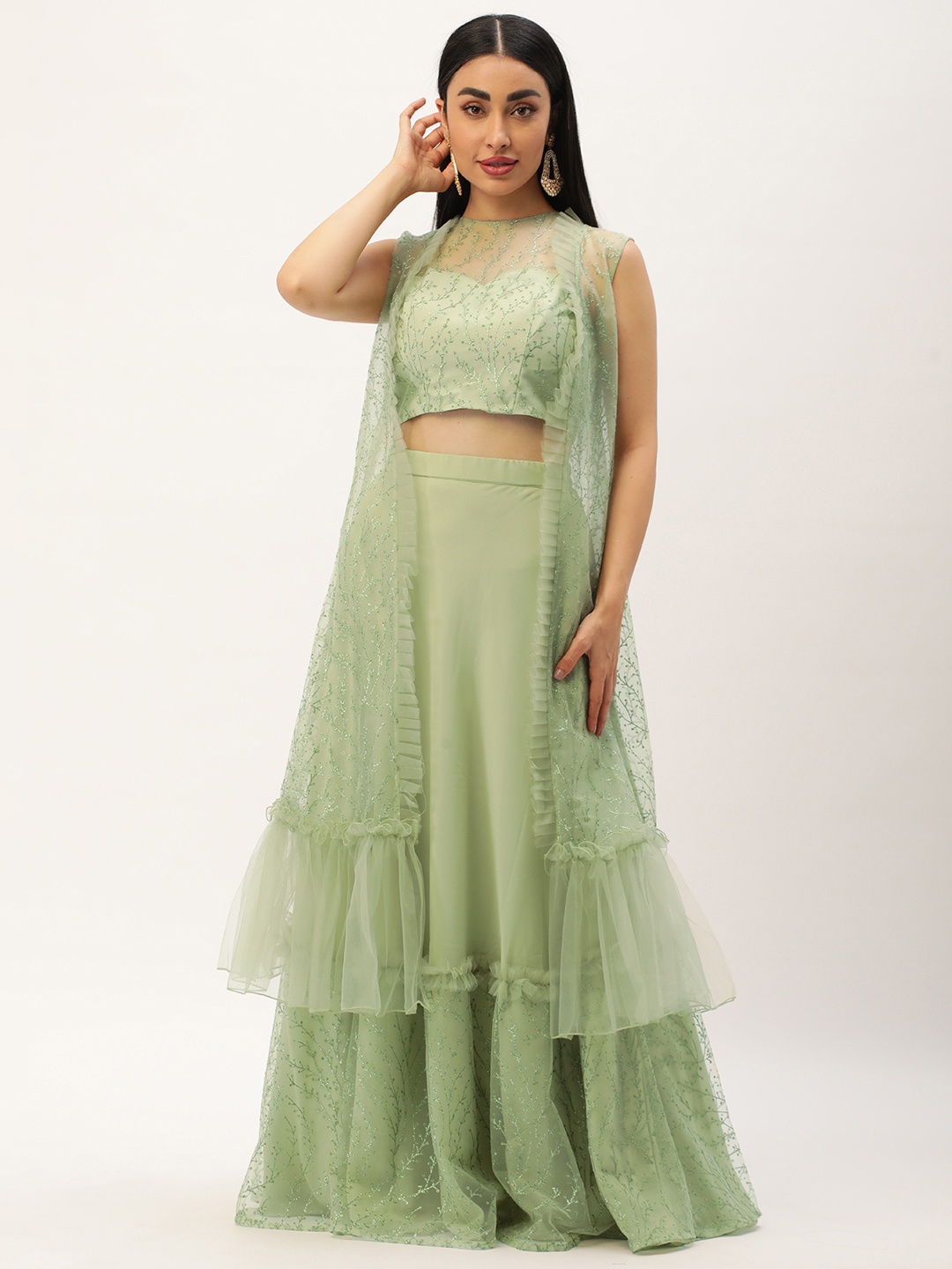 

Ethnovog Embroidered Ready to Wear Lehenga with Shrug, Green