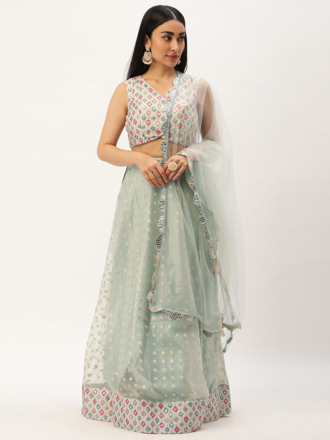

Ethnovog Embroidered Sequinned Ready to Wear Lehenga & Blouse With Dupatta, White