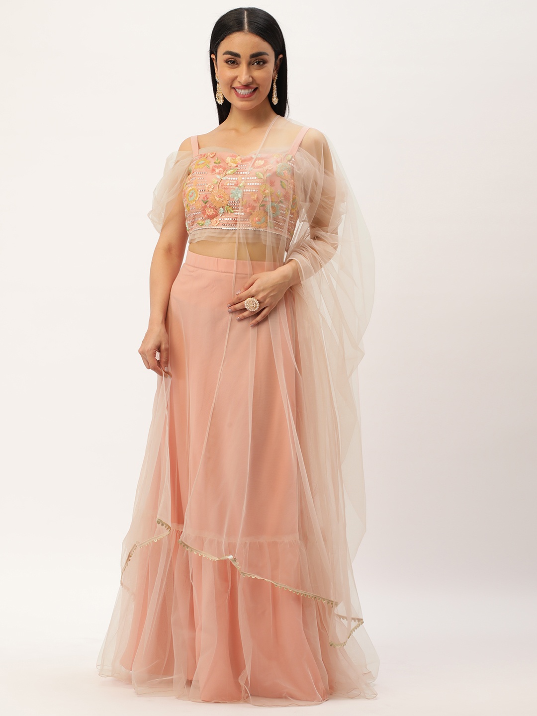

Ethnovog Embroidered Sequinned Ready to Wear Lehenga & Blouse With Dupatta, Pink