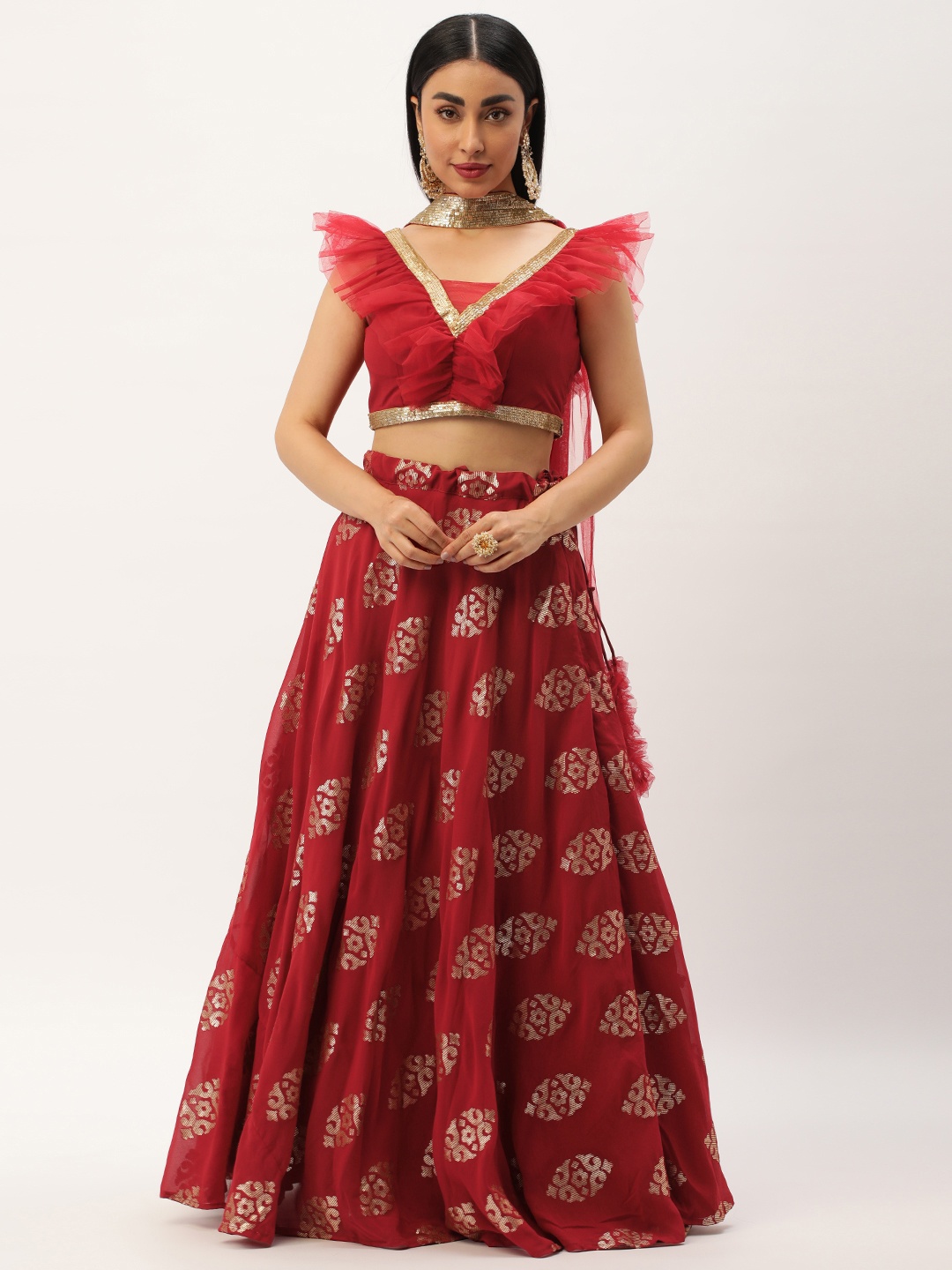 

Ethnovog Embellished Sequinned Ready to Wear Lehenga & Blouse With Dupatta, Maroon