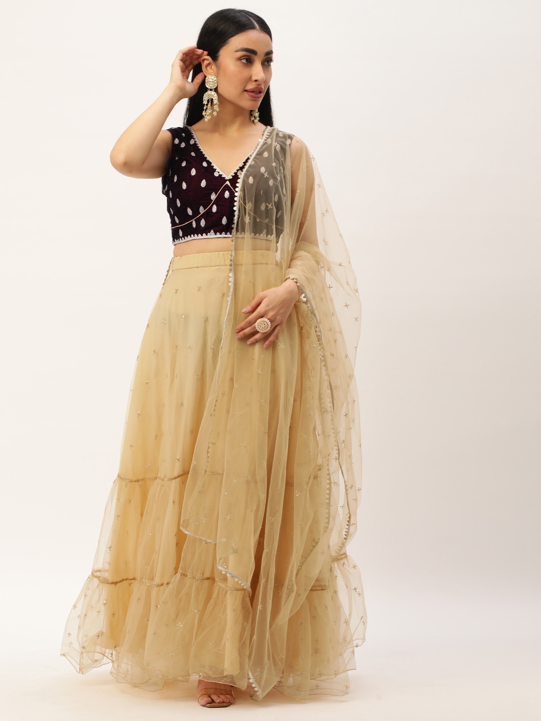 

Ethnovog Embroidered Sequinned Ready to Wear Lehenga & Blouse With Dupatta, Magenta