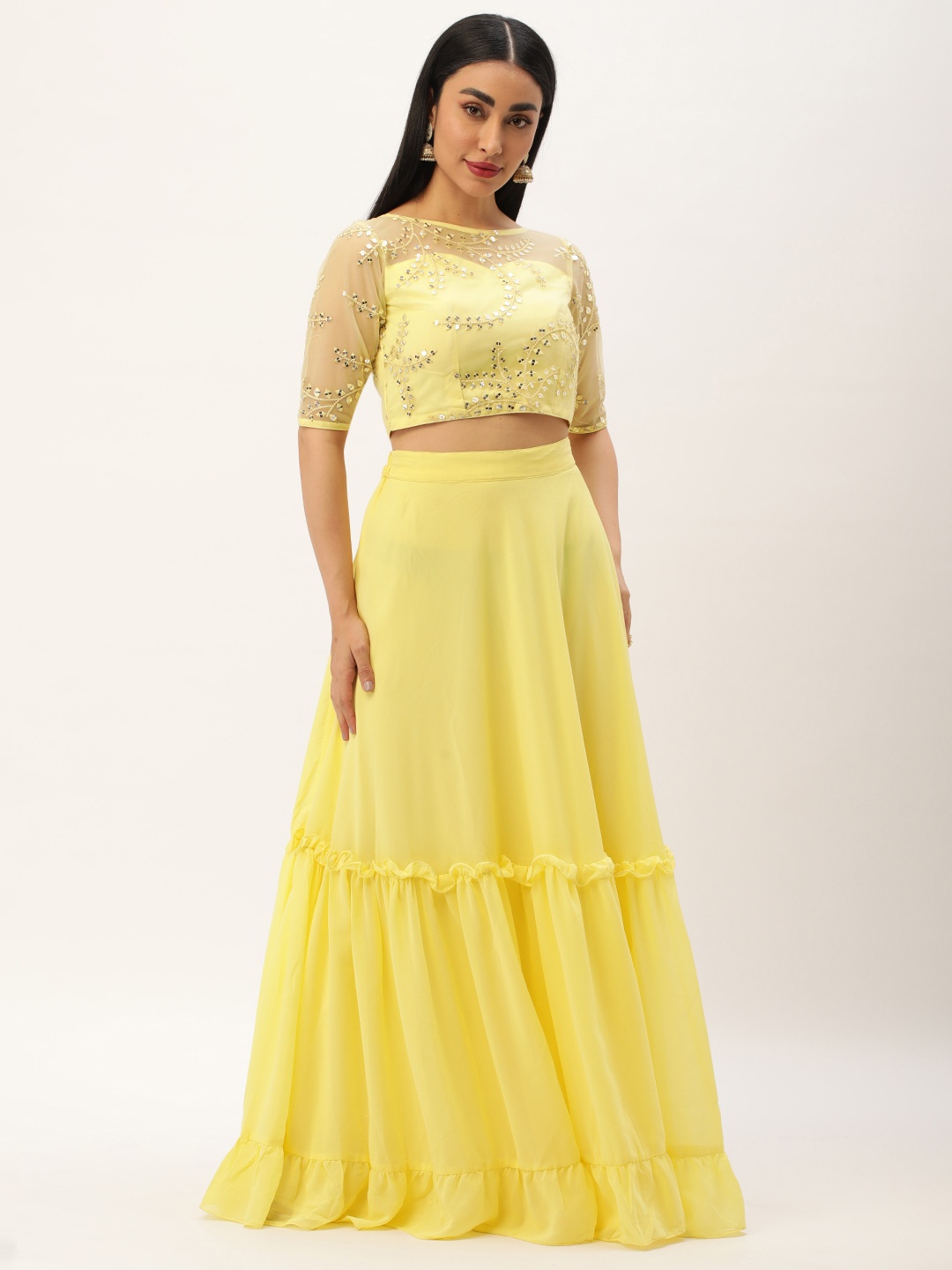 

Ethnovog Embroidered Mirror Work Ready to Wear Lehenga, Yellow