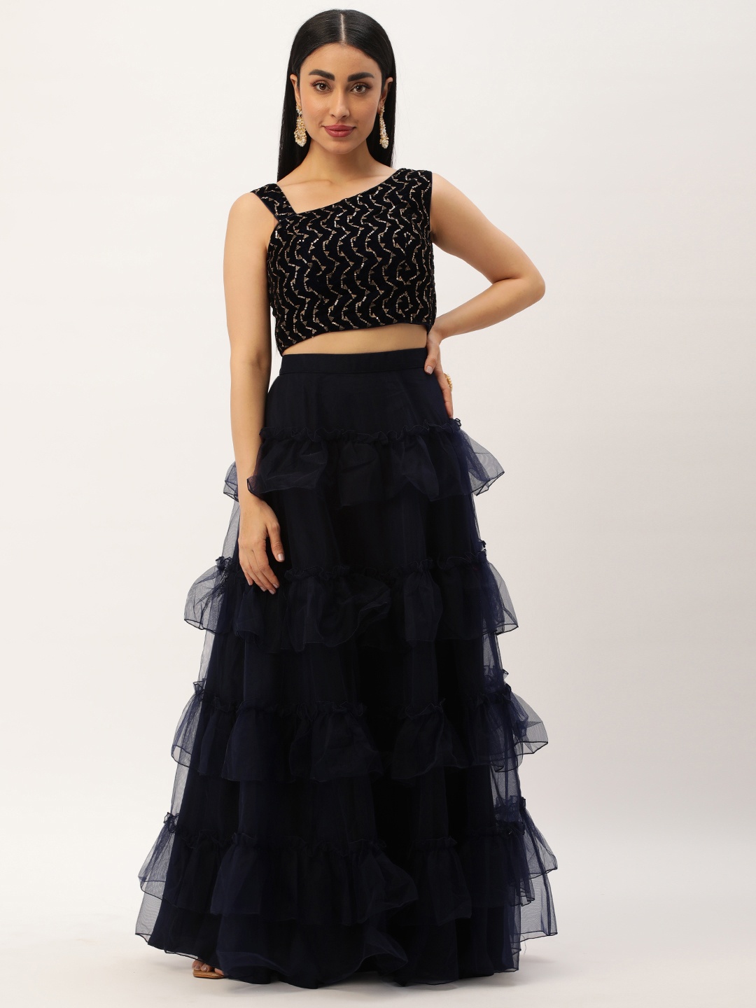 

Ethnovog Embroidered Sequinned Ready to Wear Lehenga Choli, Navy blue