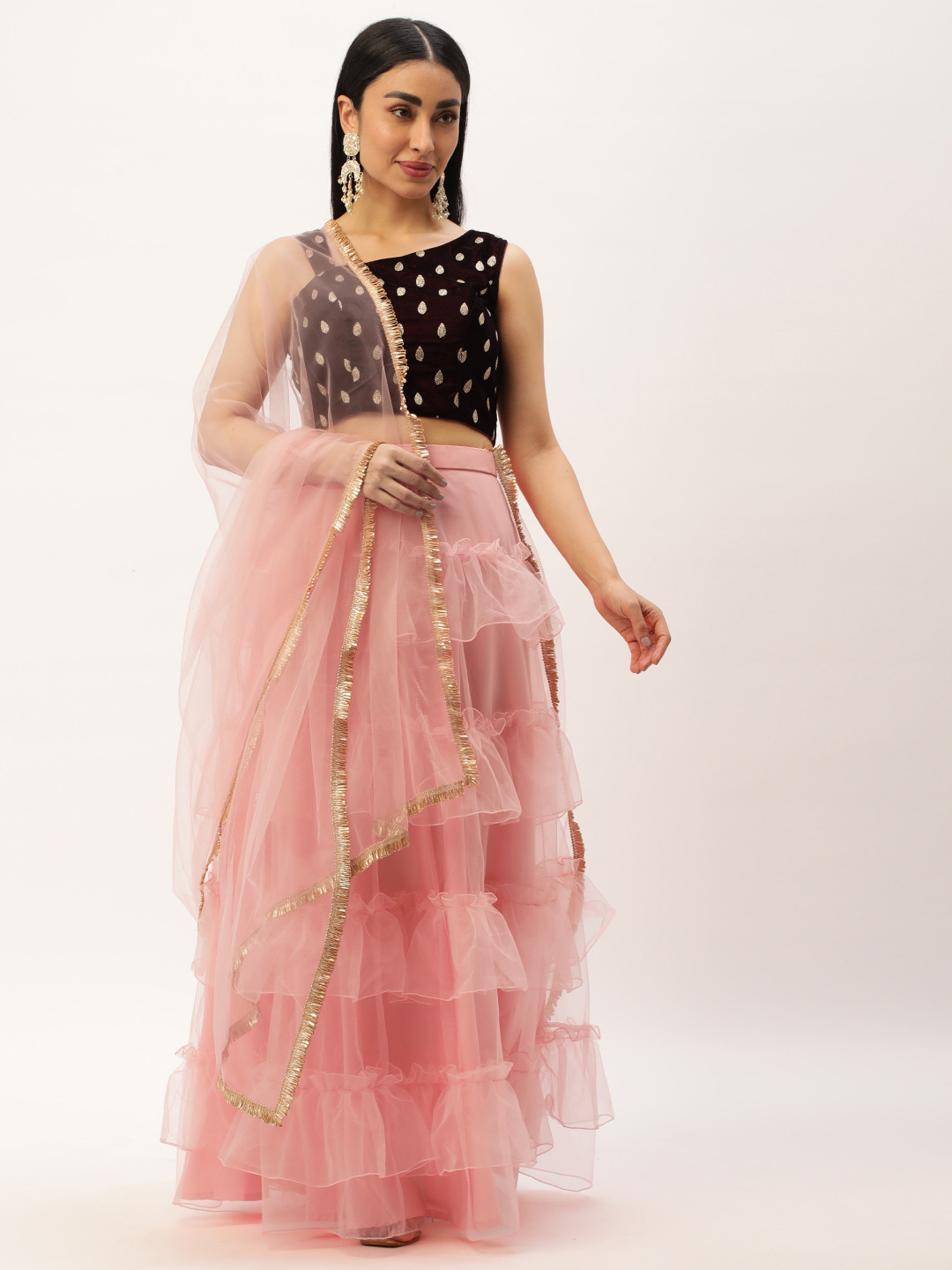 

Ethnovog Embroidered Sequinned Ready to Wear Lehenga & Blouse With Dupatta, Magenta