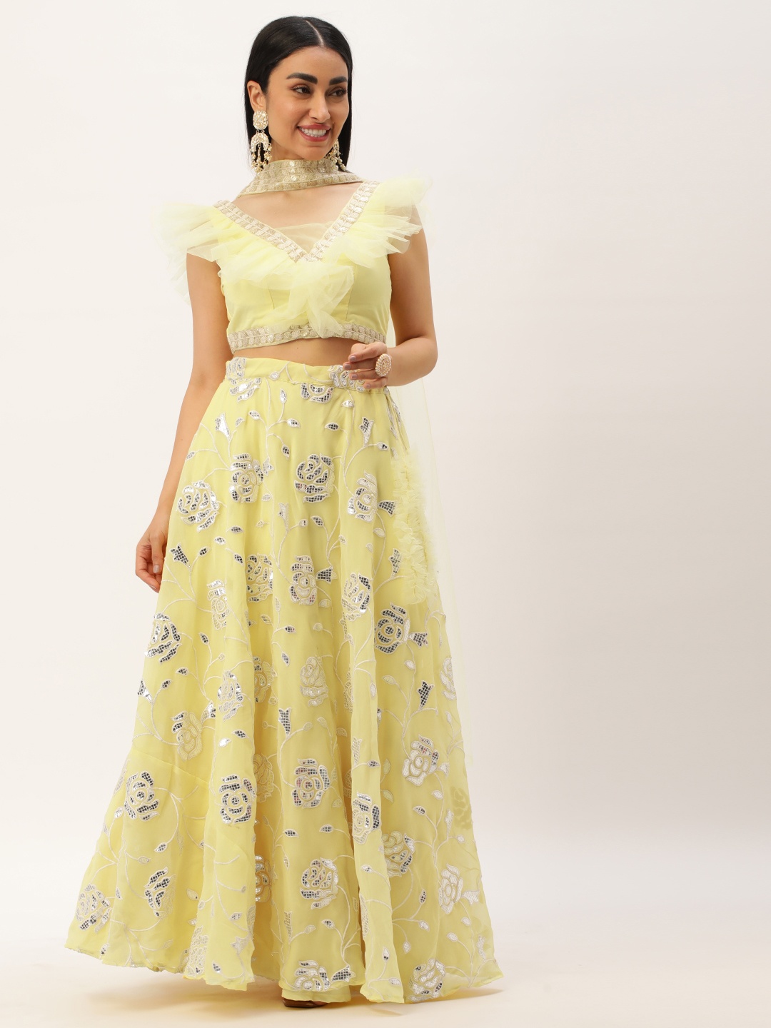 

Ethnovog Embroidered Mirror Work Ready to Wear Lehenga & Blouse With Dupatta, Yellow