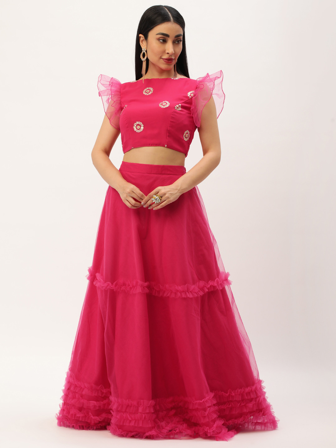 

Ethnovog Embroidered Sequinned Ready to Wear Lehenga, Red