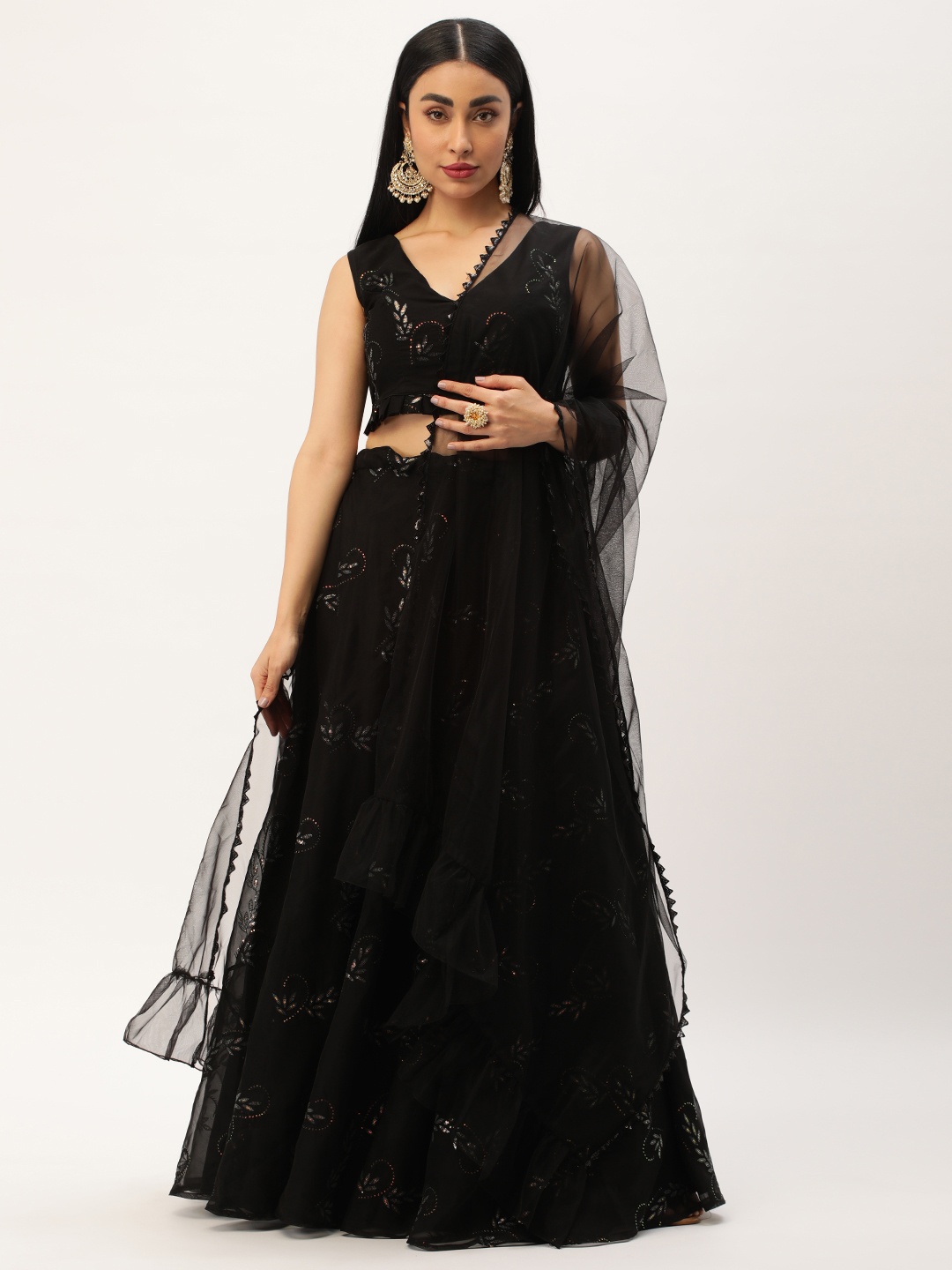 

Ethnovog Embellished Sequinned Ready to Wear Lehenga & Blouse With Dupatta, Black