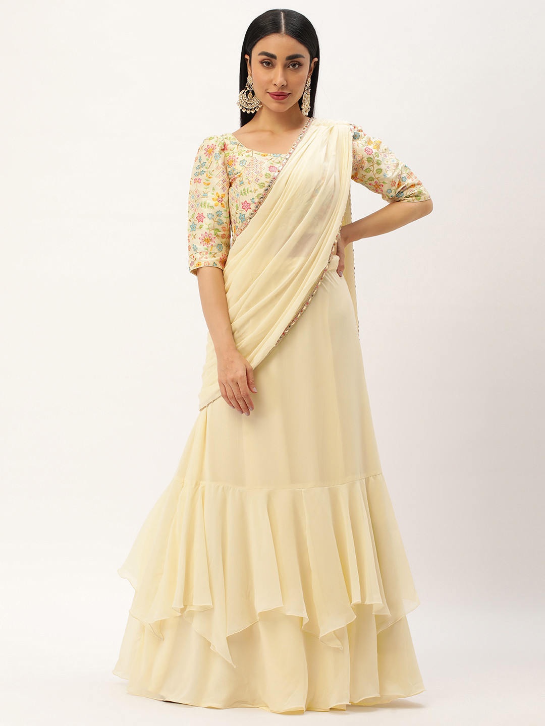 

Ethnovog Embroidered Ready to Wear Lehenga & Blouse With Dupatta, Beige