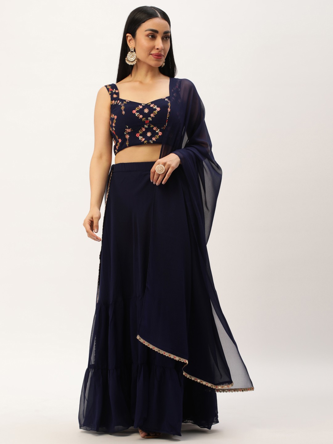 

Ethnovog Embroidered Sequinned Ready to Wear Lehenga & Blouse With Dupatta, Navy blue