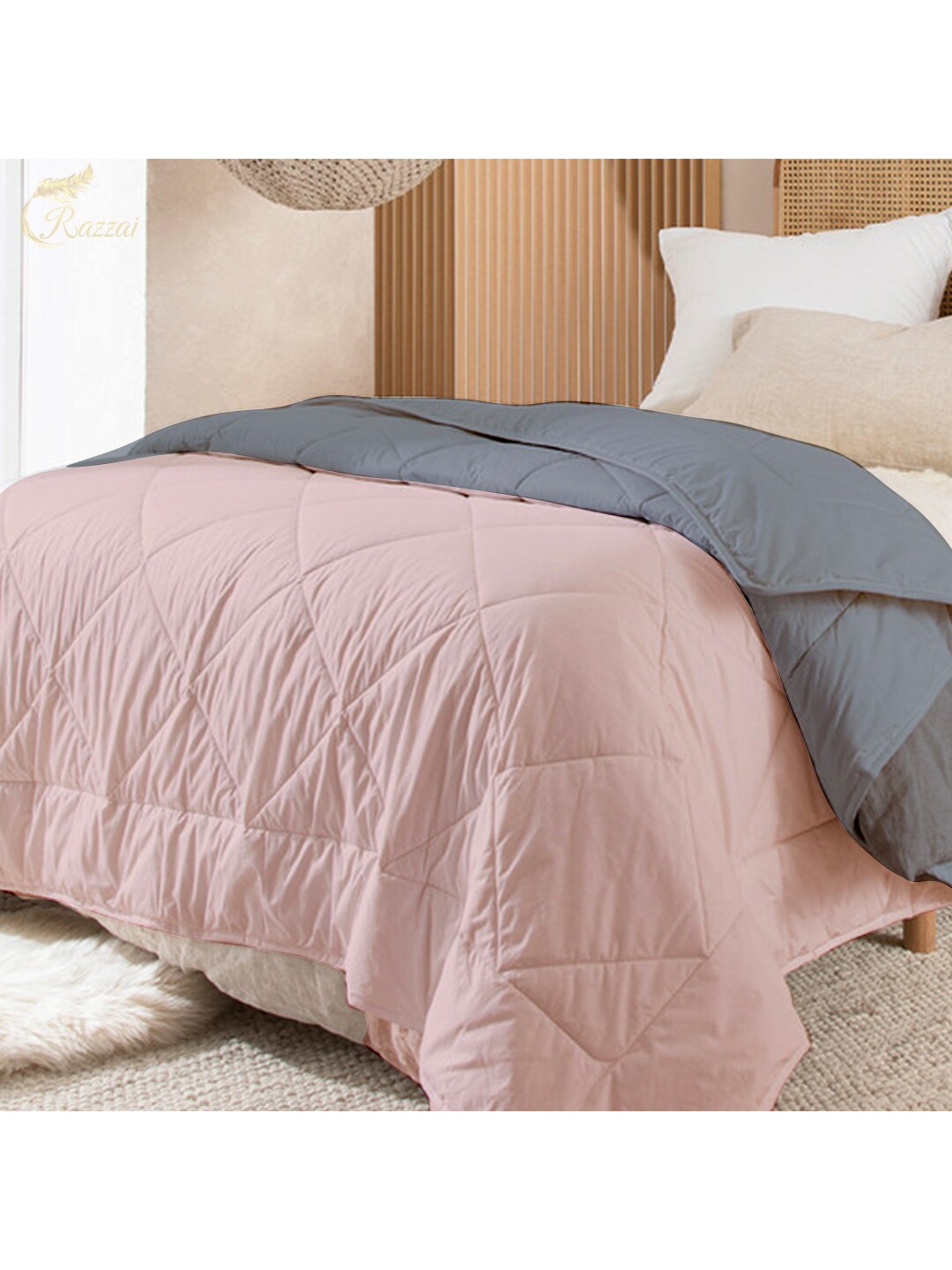 

RAZZAI Peach-Coloured & Grey Microfiber AC Room 150 GSM Double Bed Comforter