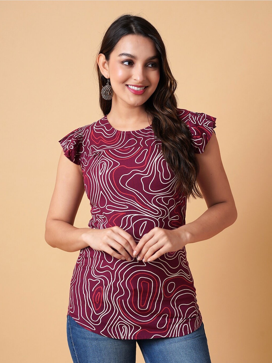 

DAEVISH Abstract Printed Flutter Sleeves Top, Maroon