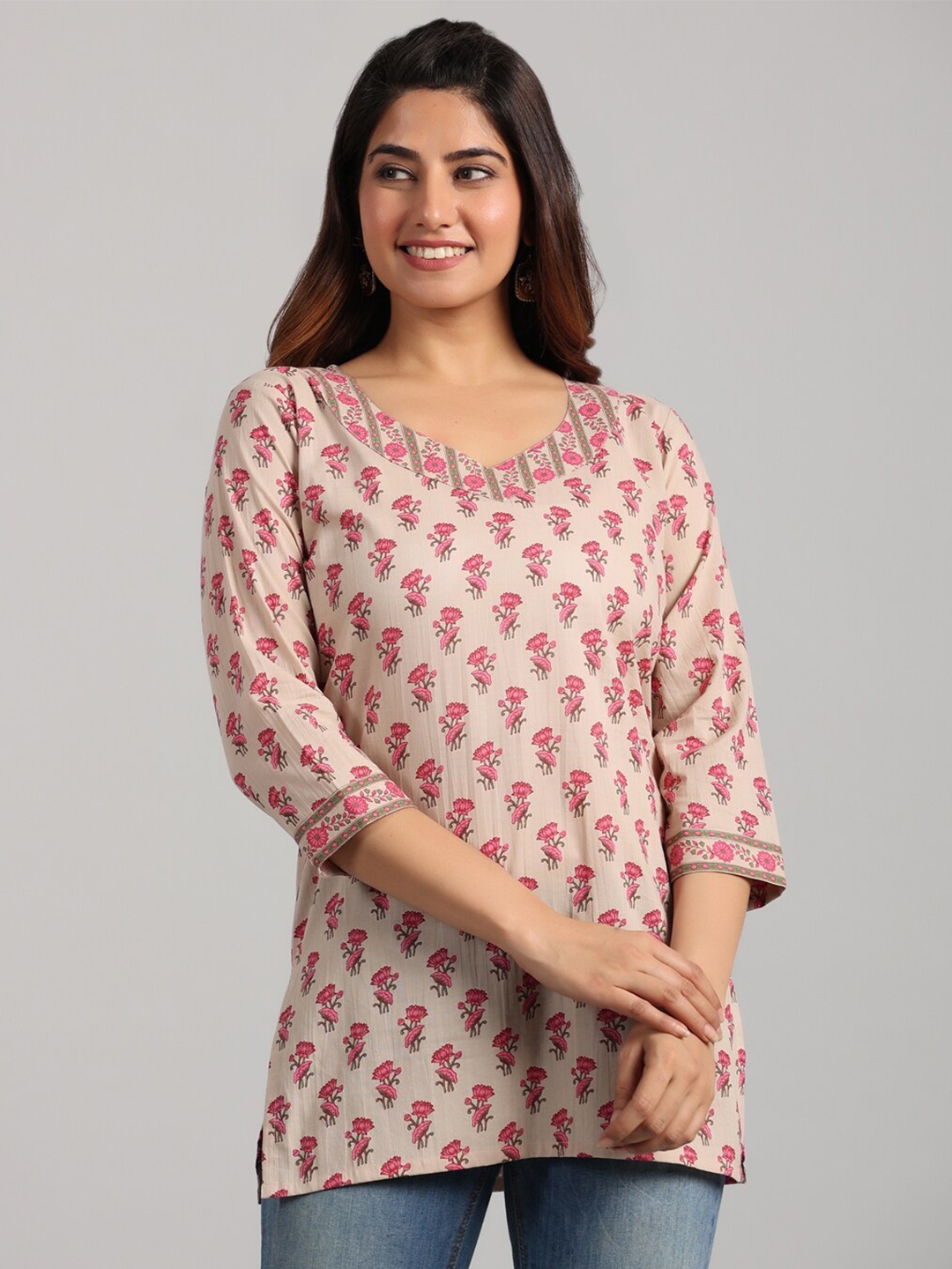 

PARCHHAI Ethnic Motifs Floral Printed Pure Cotton Top, Beige