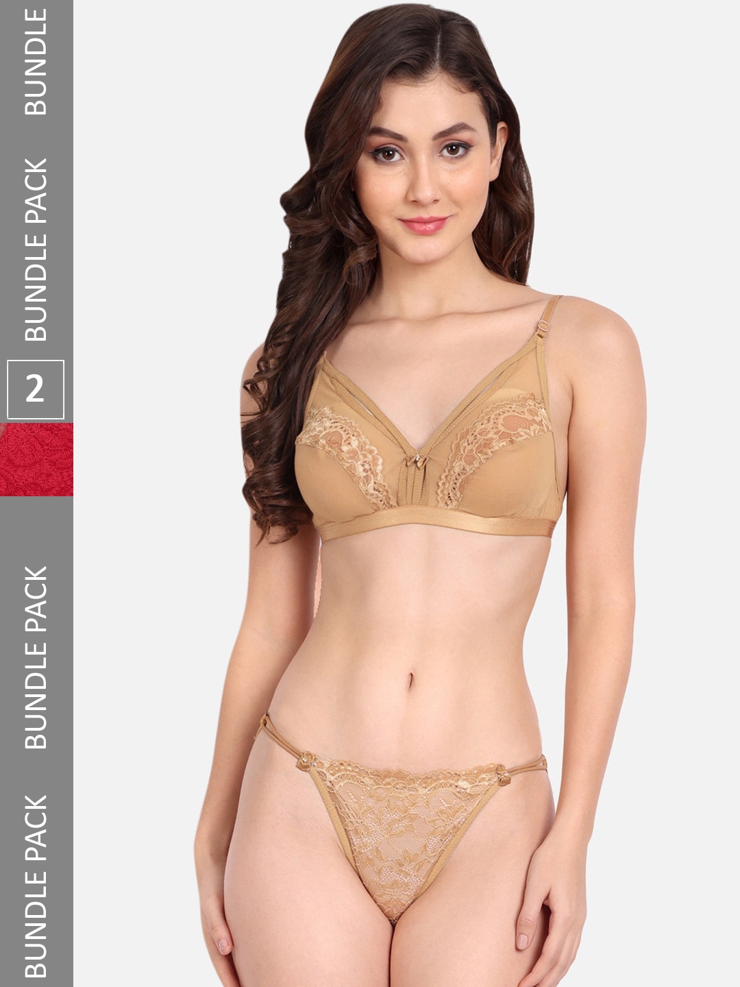 

FIMS Pack Of 2 Self Design Non Padded Lingerie Set C_KarrySet_Beige_BlumerSet_Red_B