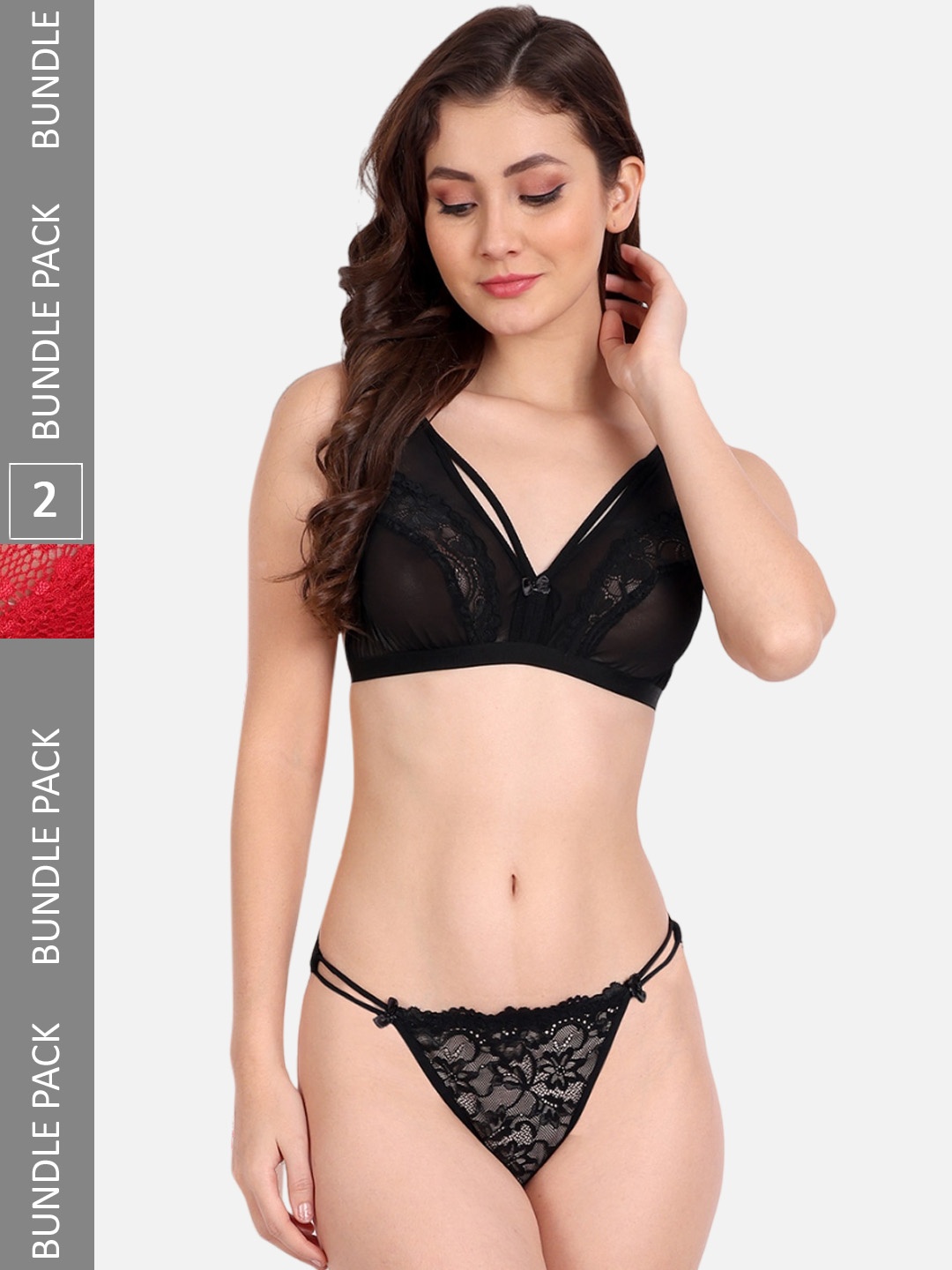 

FIMS Pack Of 2 Self-Design Net Lingerie Set, Black