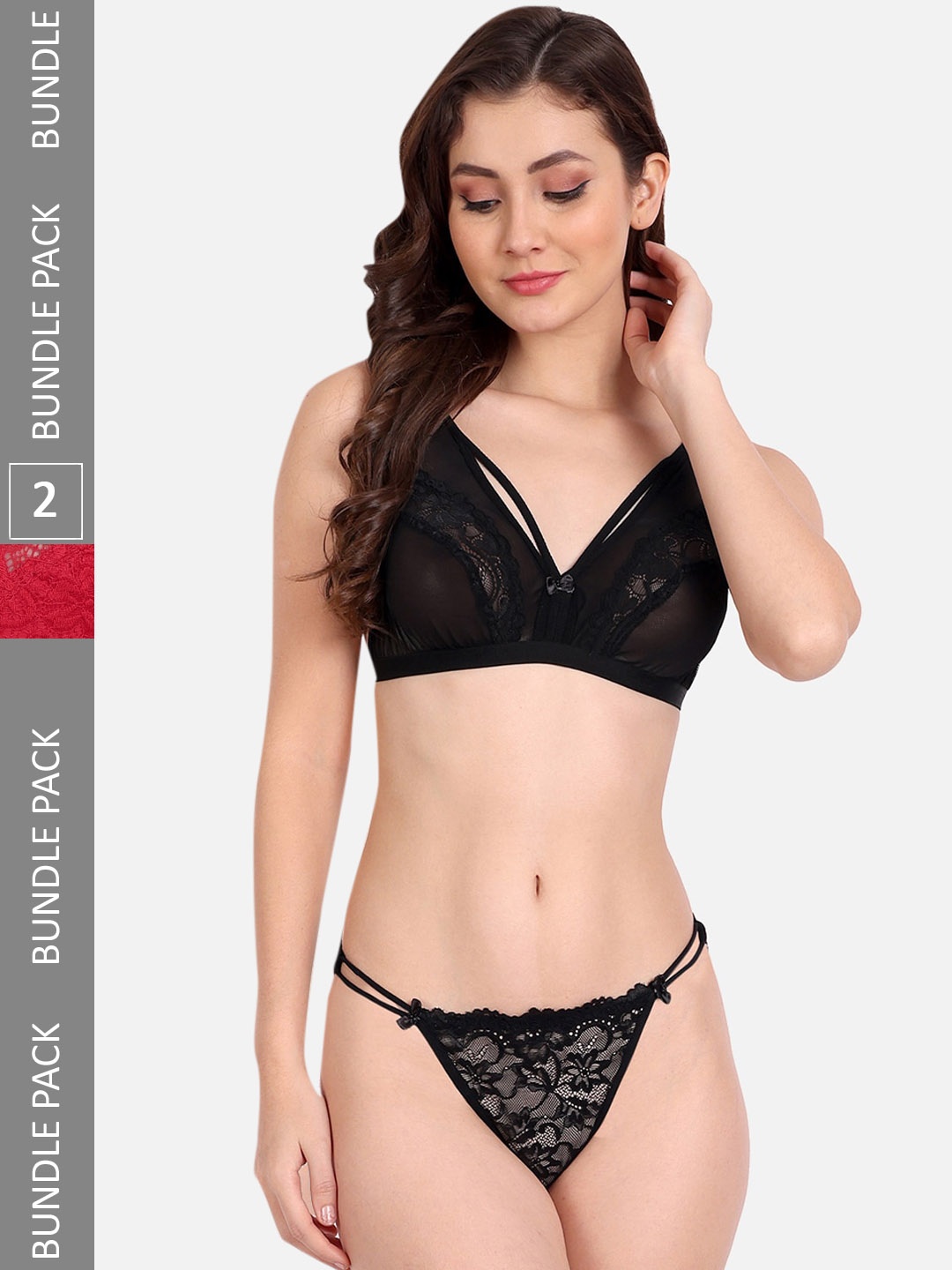 

FIMS Pack Of 2 Self-Design Lingerie Set, Black