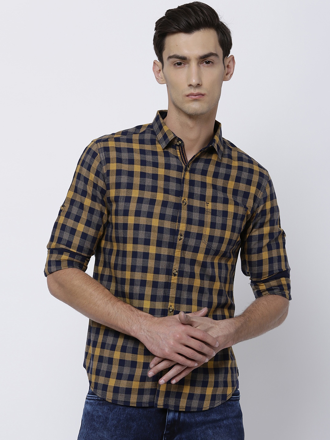 

LOCOMOTIVE Men Yellow & Navy Blue Slim Fit Checked Casual Shirt