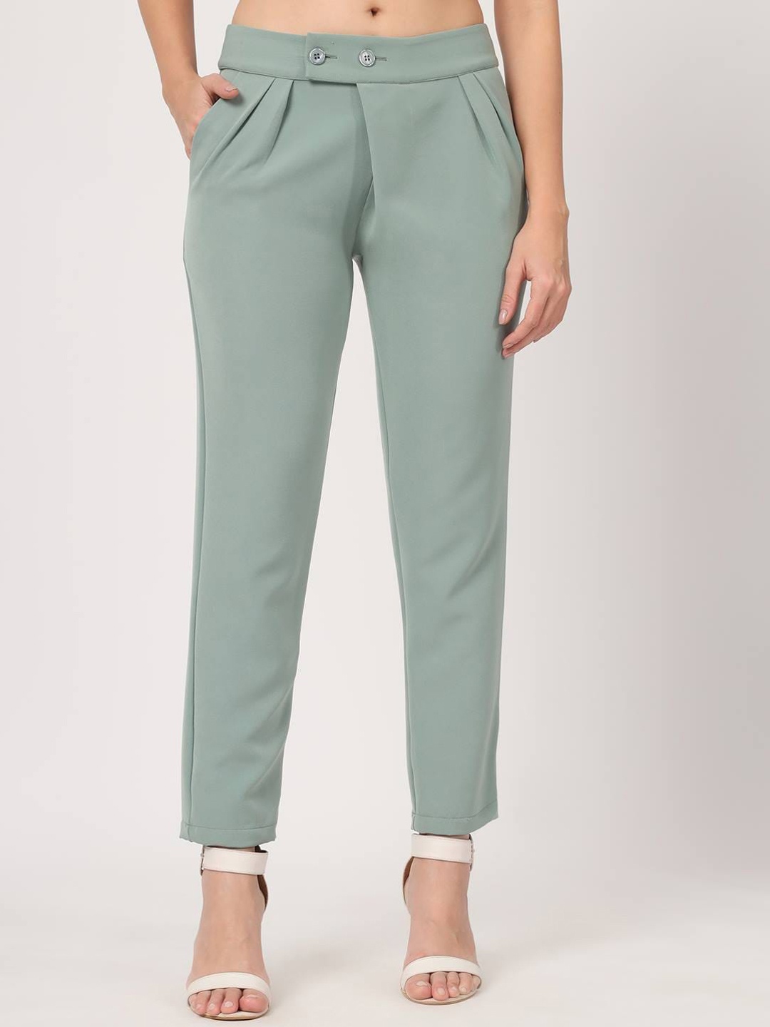 

Beatnik Women Cropped High-Rise Pleated Trousers, Sea green