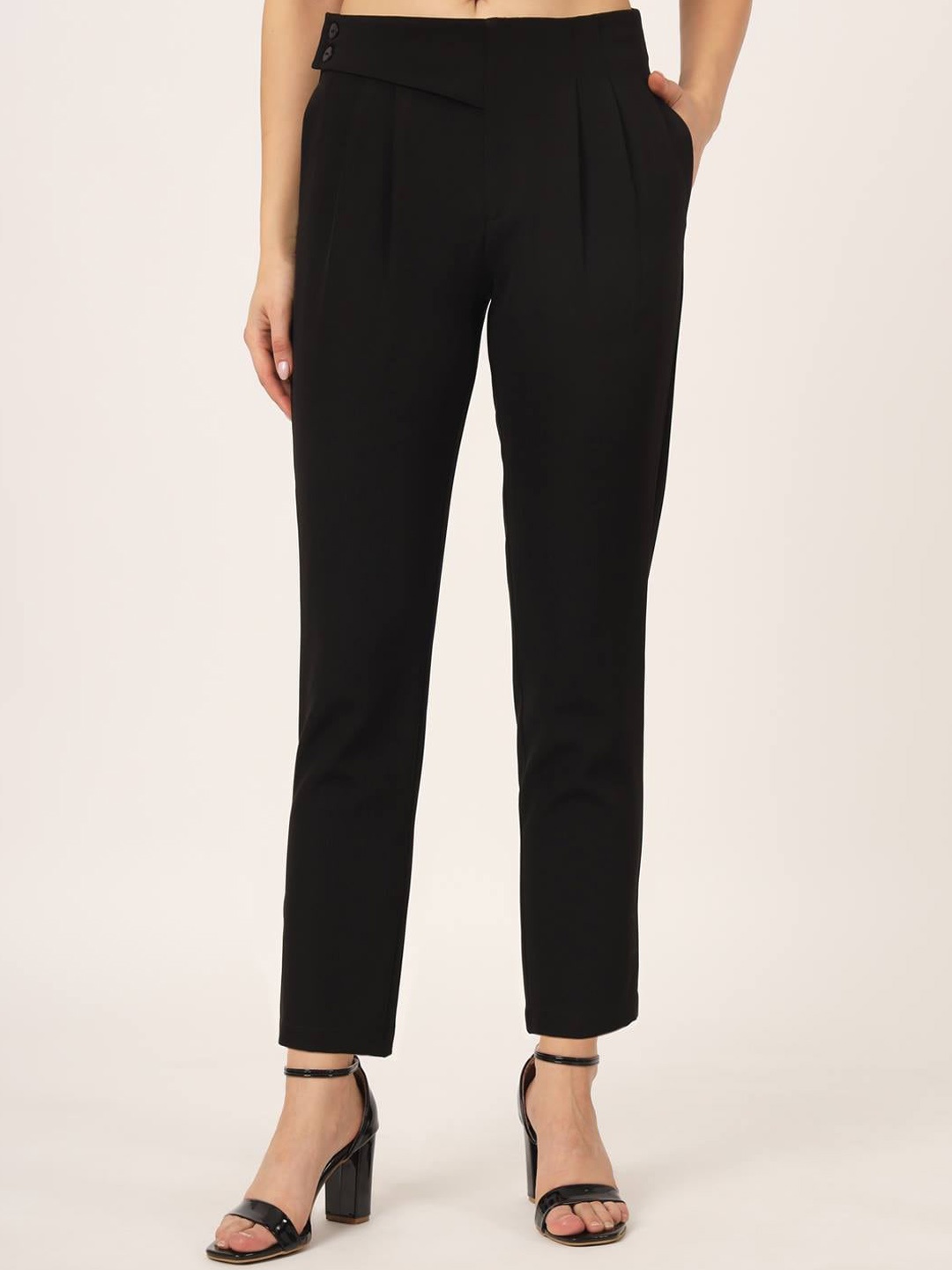 

Beatnik Women High-Rise Plain Pleated Trousers, Black