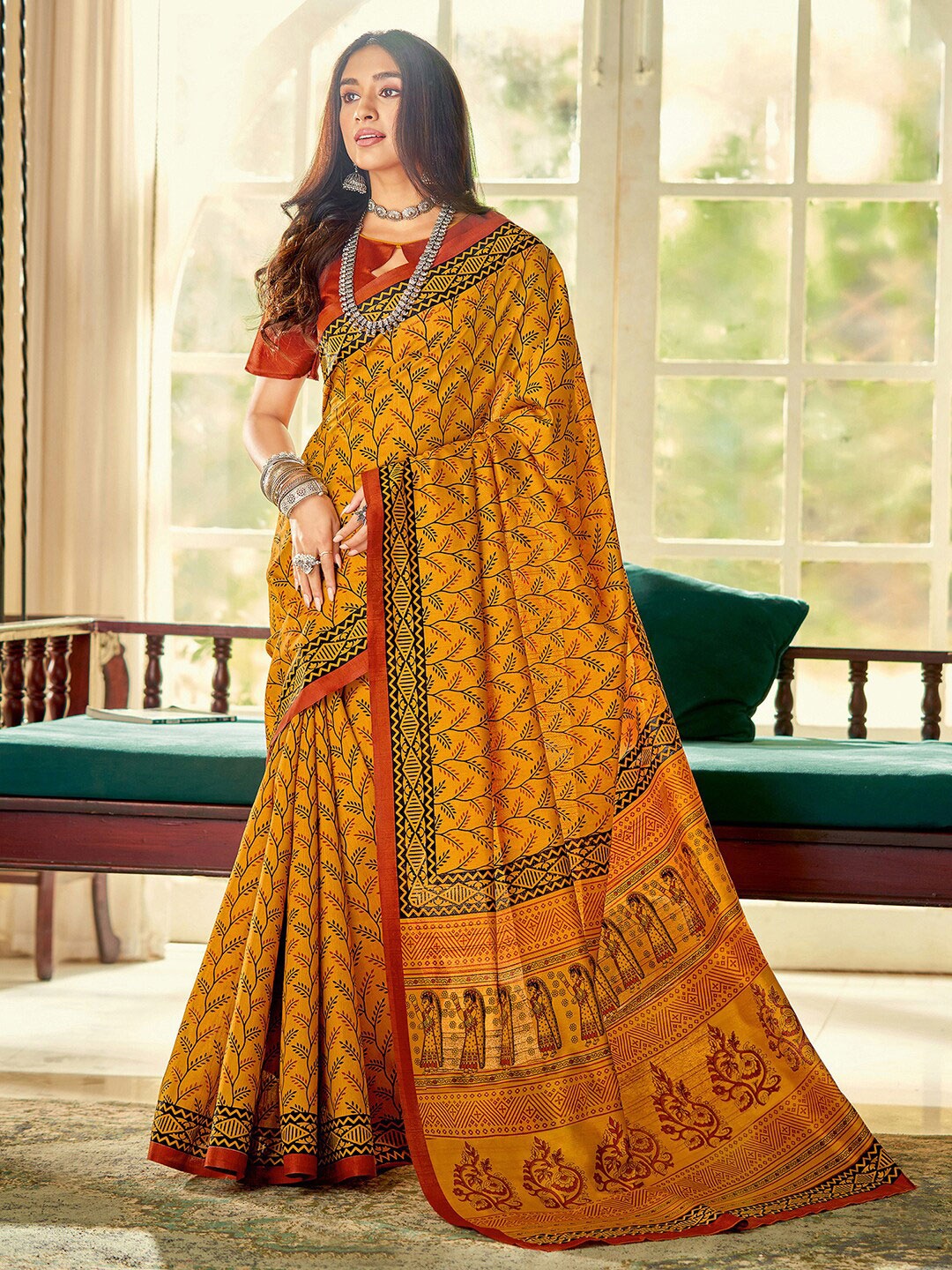 

Saree mall Mustard & Maroon Ethnic Motifs Printed Bhagalpuri Sarees