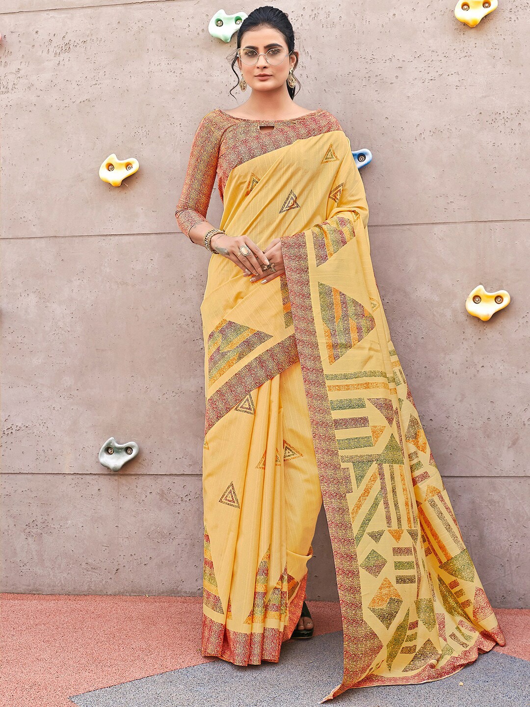 

Saree mall Printed Art Silk Ikat Sarees, Yellow