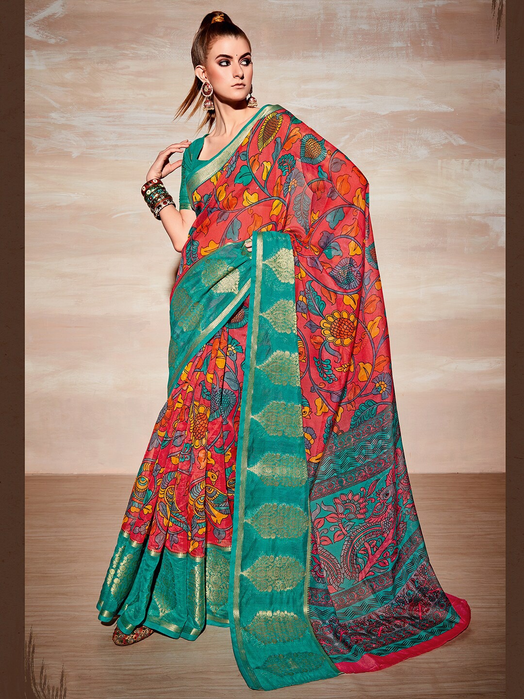 

Saree mall Kalamkari Printed Sungudi Sarees, Pink