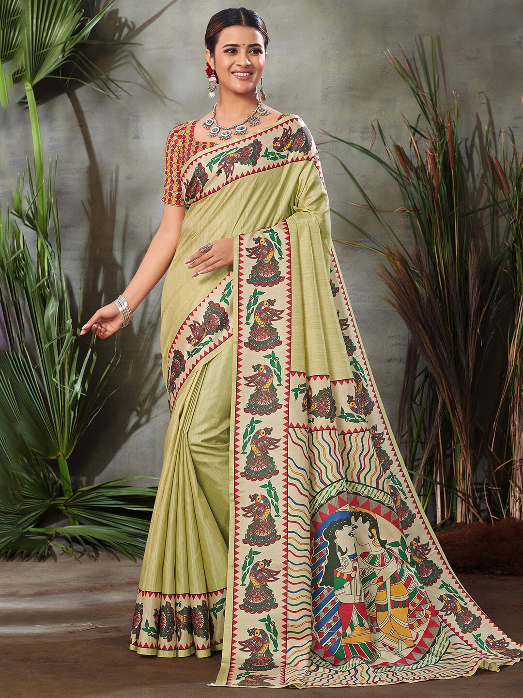 

Saree mall Olive Green & Red Ethnic Motif Printed Silk Sarees
