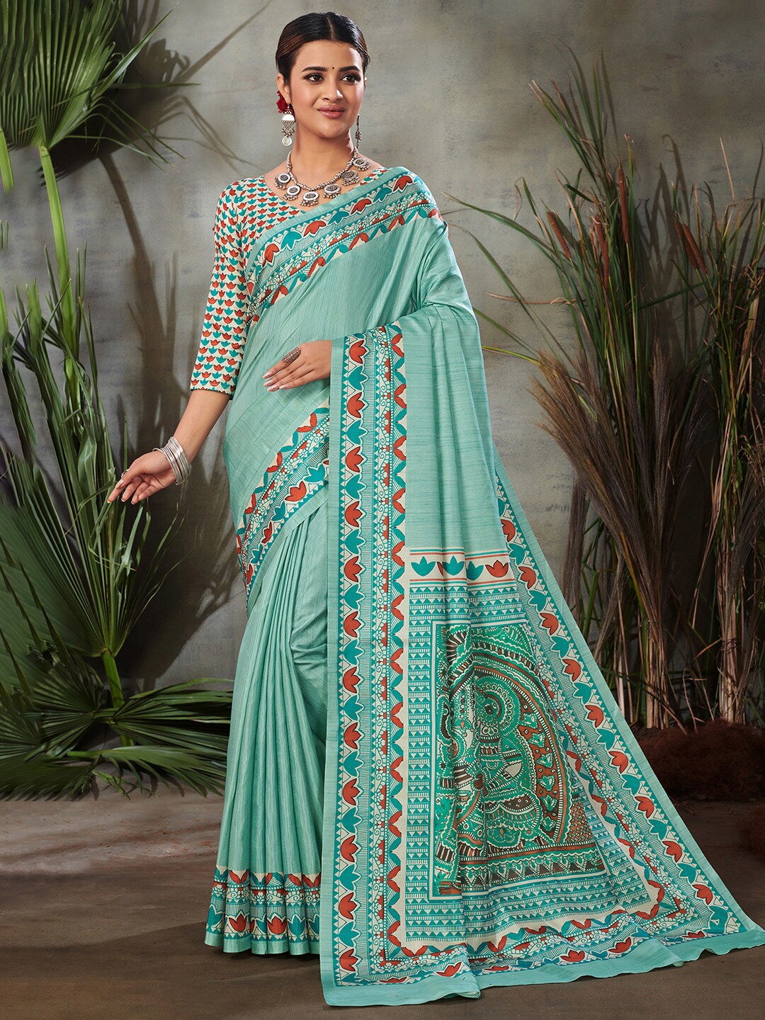 

Saree mall Sea Green & Red Ethnic Motif Printed Silk Sarees