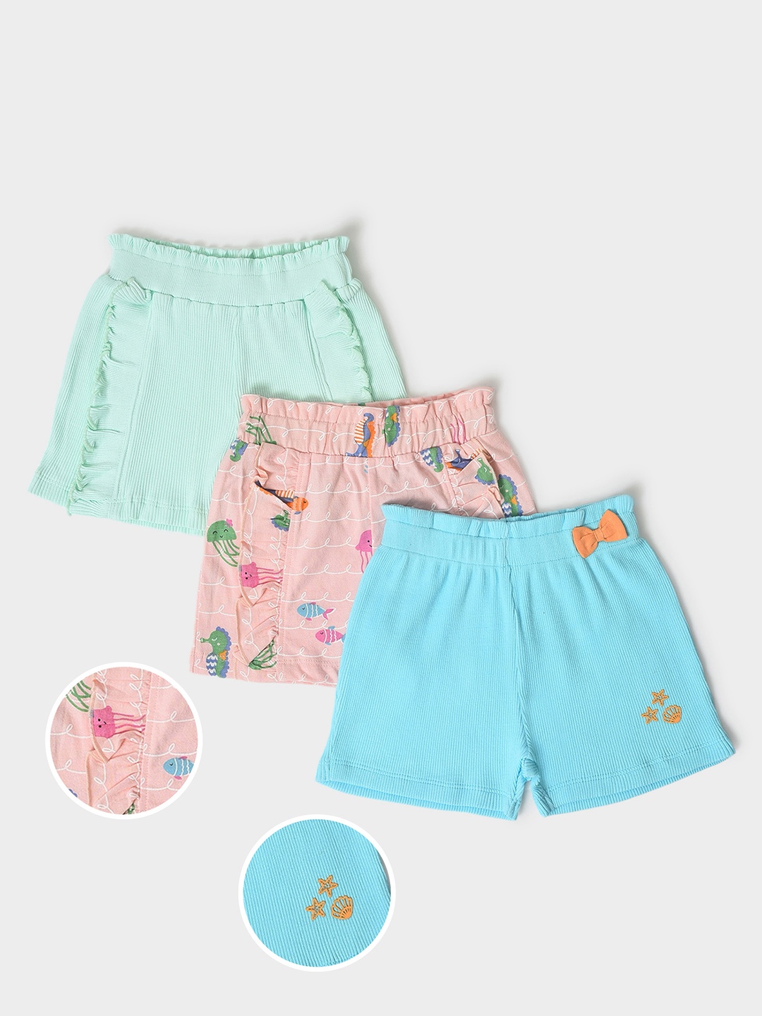 

MiArcus Infants Girls Pack Of 3 Printed Pure Cotton Ruffles Shorts, Blue