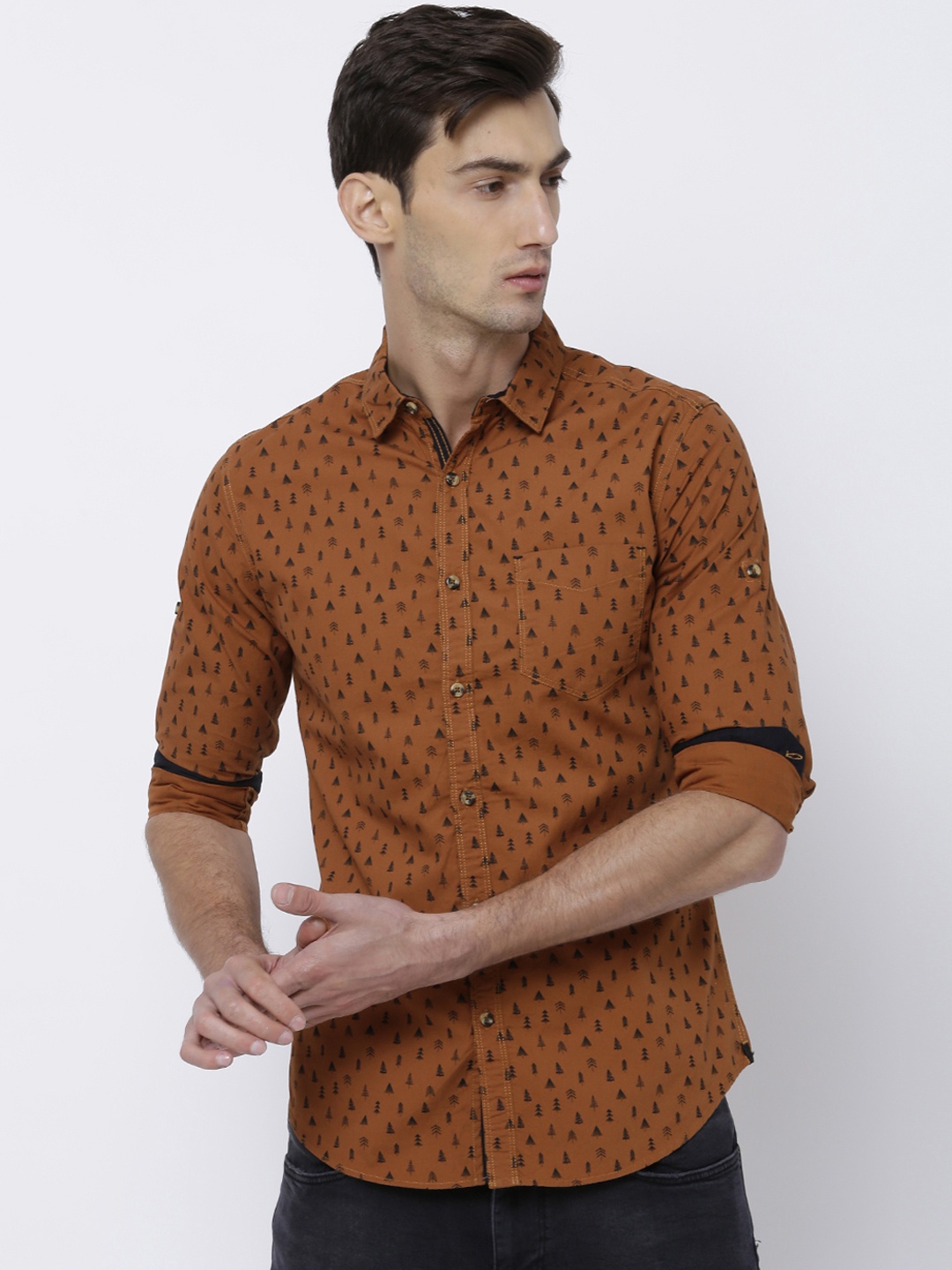 

LOCOMOTIVE Men Rust Brown Slim Fit Printed Casual Shirt