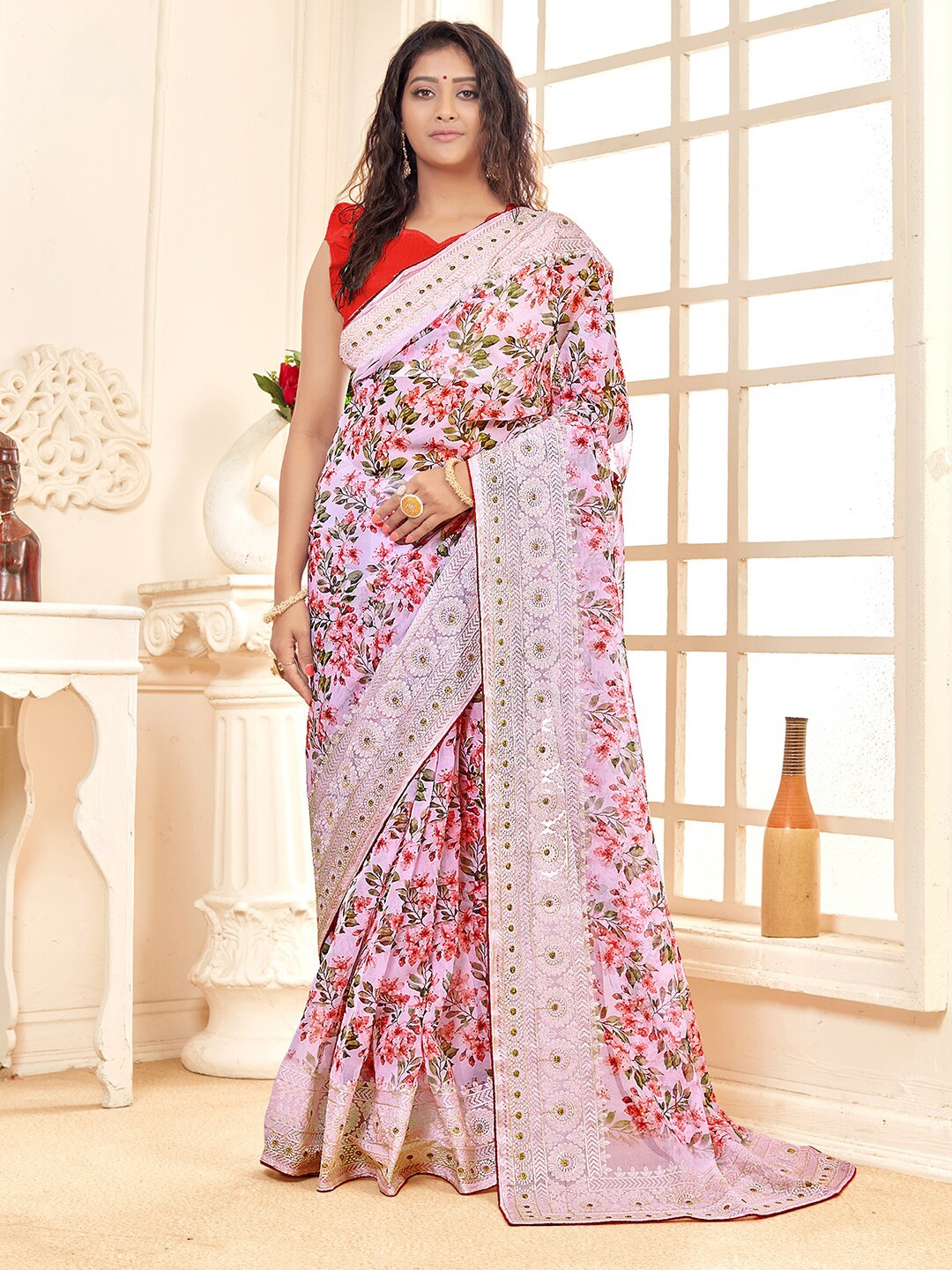 

Saree mall White & Red Floral Embroidered Organza Sungudi Saree