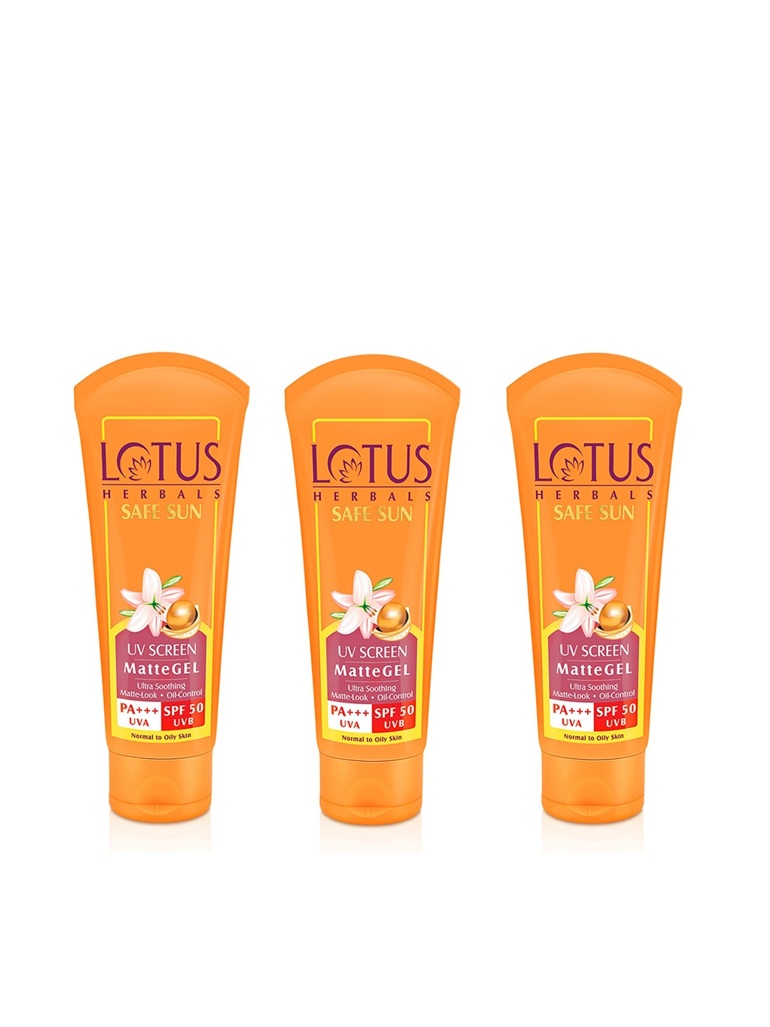 

Lotus Herbals Set of 3 Safe Sun UV Screen Matte Gel SPF 50 PA+++ Sunscreen - 50g Each, Orange