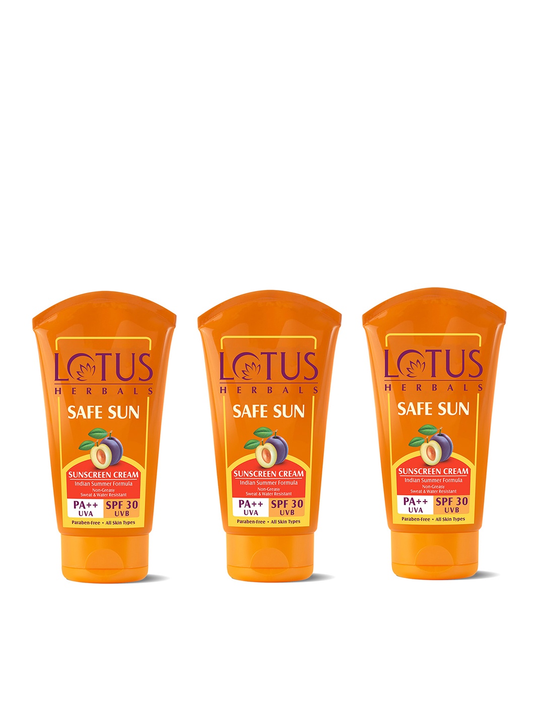 

Lotus Herbals Set Of 3 Non-Greasy Safe Sun SPF 30 PA++ Sunscreen Cream - 100g Each, Orange