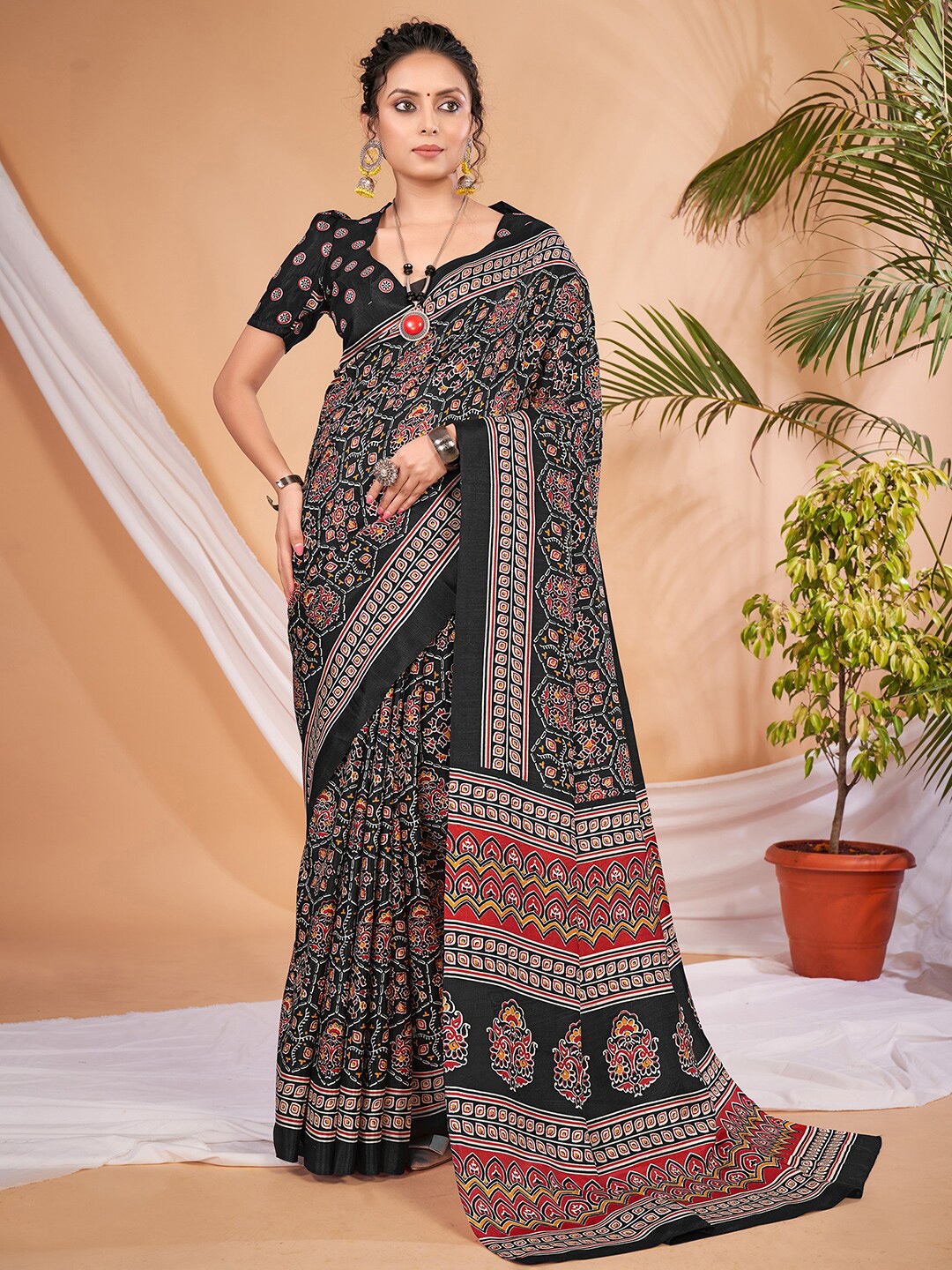 

Saree mall Black & Red Ethnic Motifs Printed Sarees