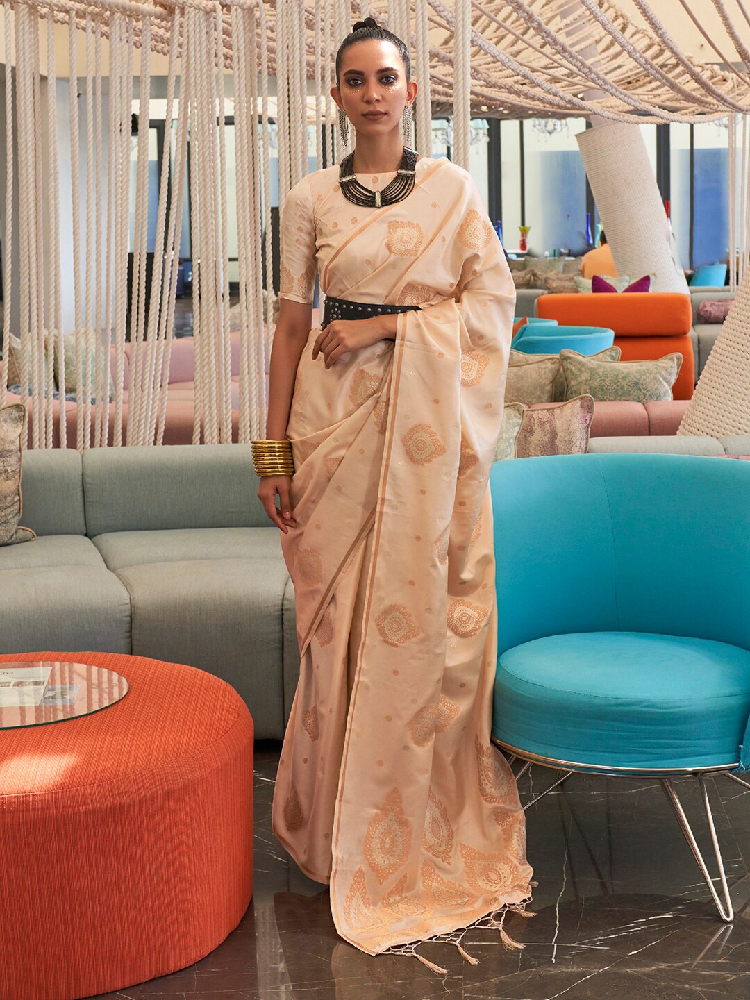 

Saree mall Cream & Gold-Toned Ethnic Motif Woven Design Zari Pure Silk Banarasi Sarees