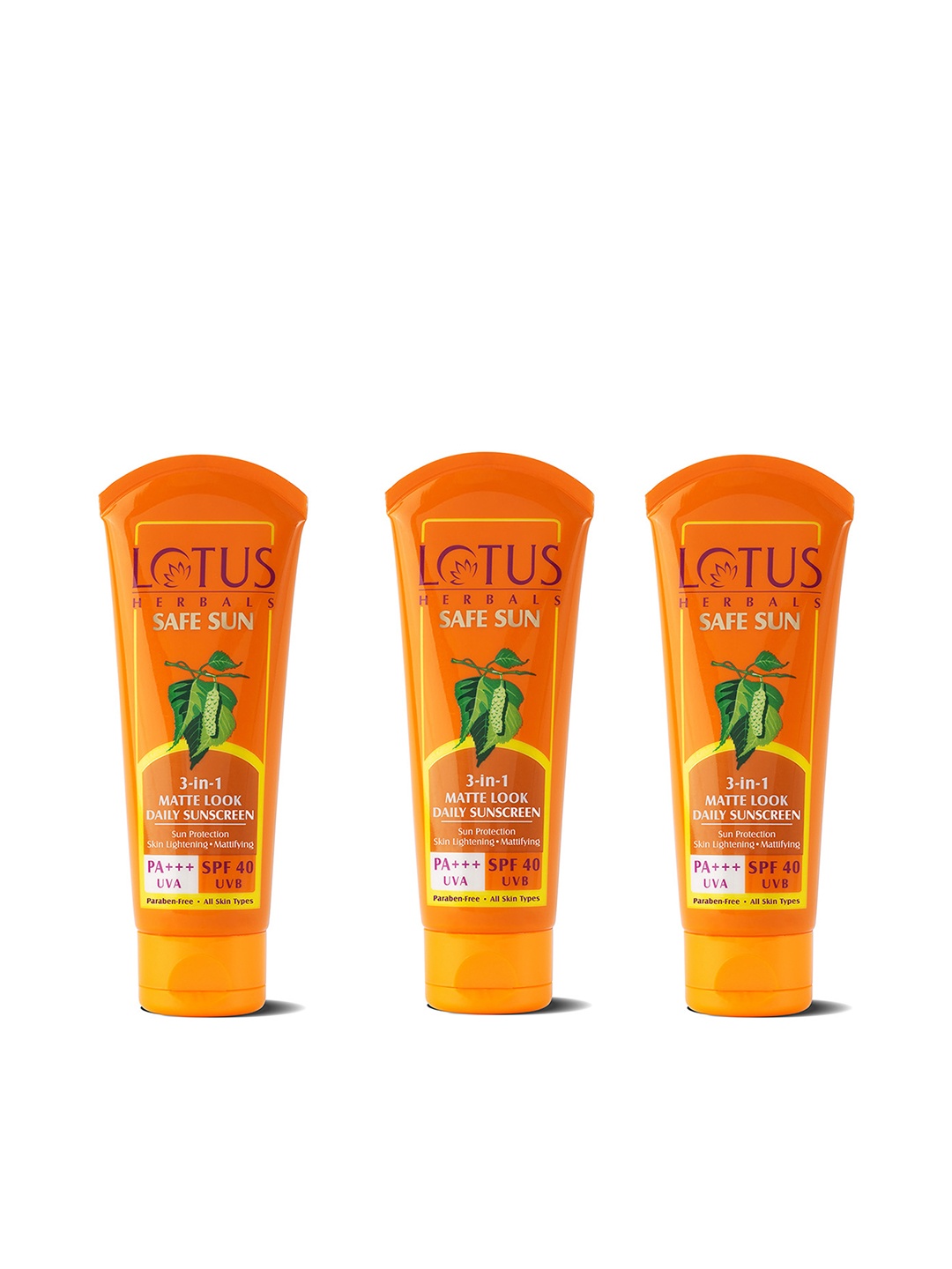 

Lotus Herbals Set of 3 Safe Sun 3-In-1 Matte Look SPF 40 PA+++ Daily Sunscreen - 50g Each, Orange