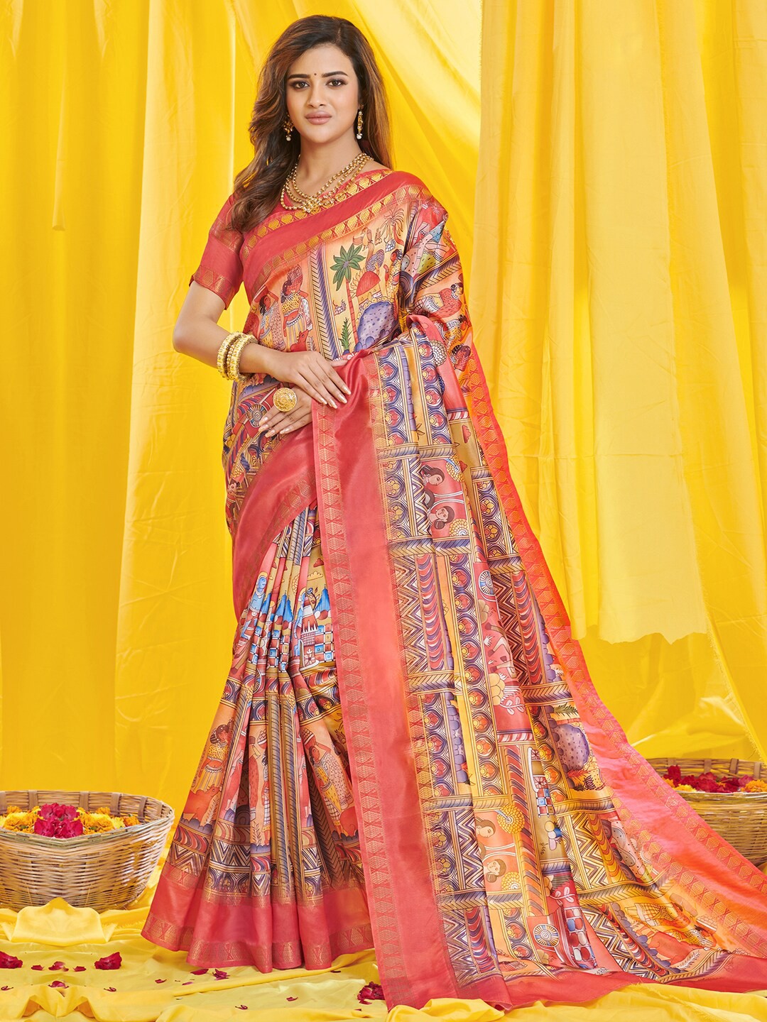 

Saree mall Pink & Gold-Toned Ethnic Motifs Printed Zari Sarees