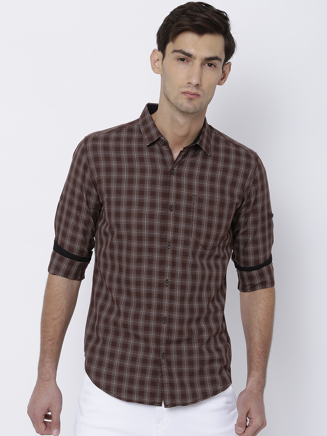 

LOCOMOTIVE Men Brown Slim Fit Checked Casual Shirt