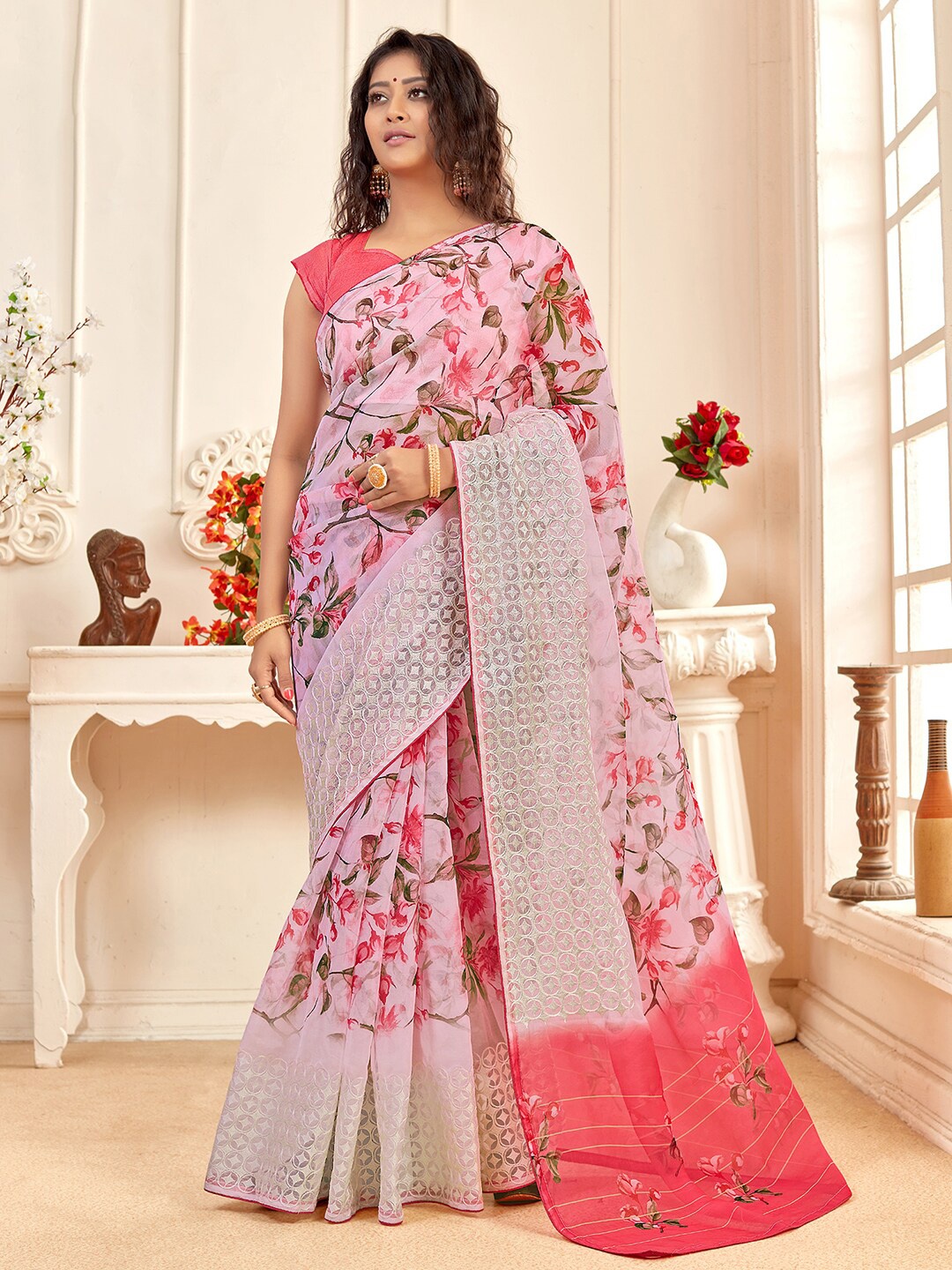 

Saree mall Floral Printed Organza Sungudi Sarees, Pink