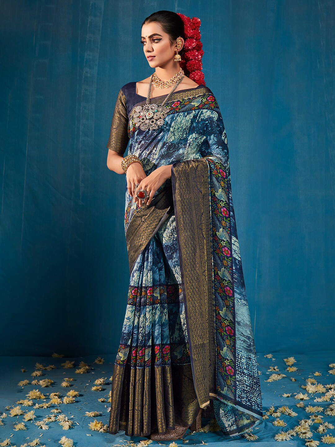 

Saree mall Navy Blue & Gold-Toned Abtract Printed Cotton Blend Sarees