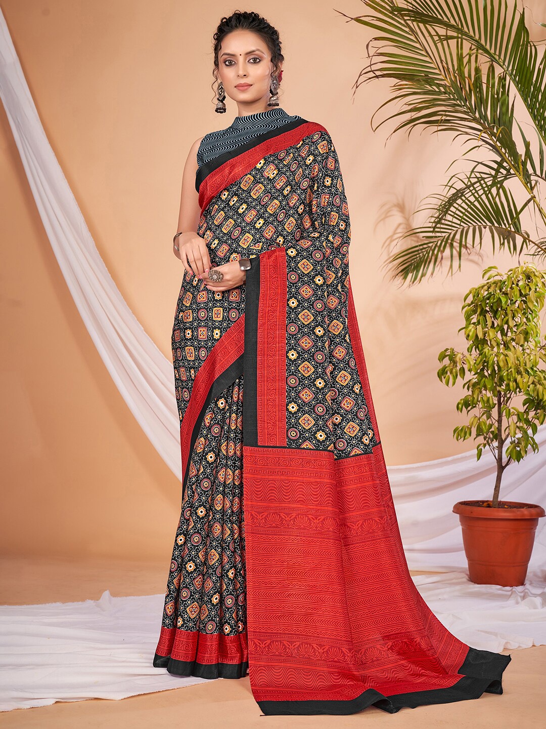 

Saree mall Ajrak Block Silk Blend Block Print Sarees, Black