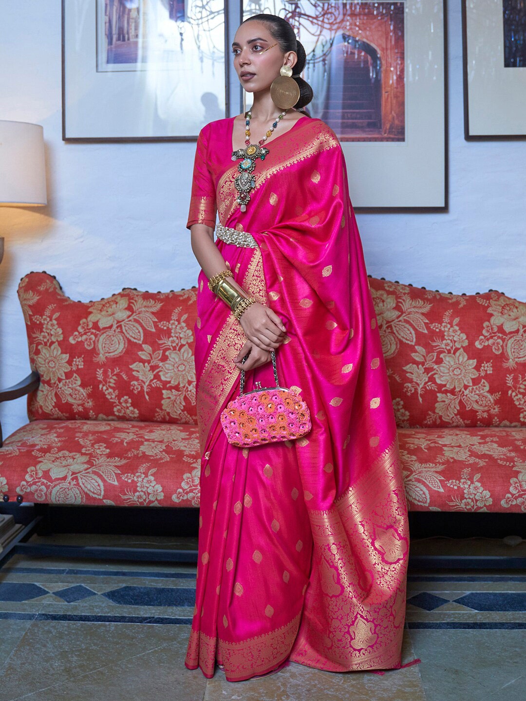 

Saree mall Pink & Gold-Toned Ethnic Motif Woven Design Zari Chanderi Sarees