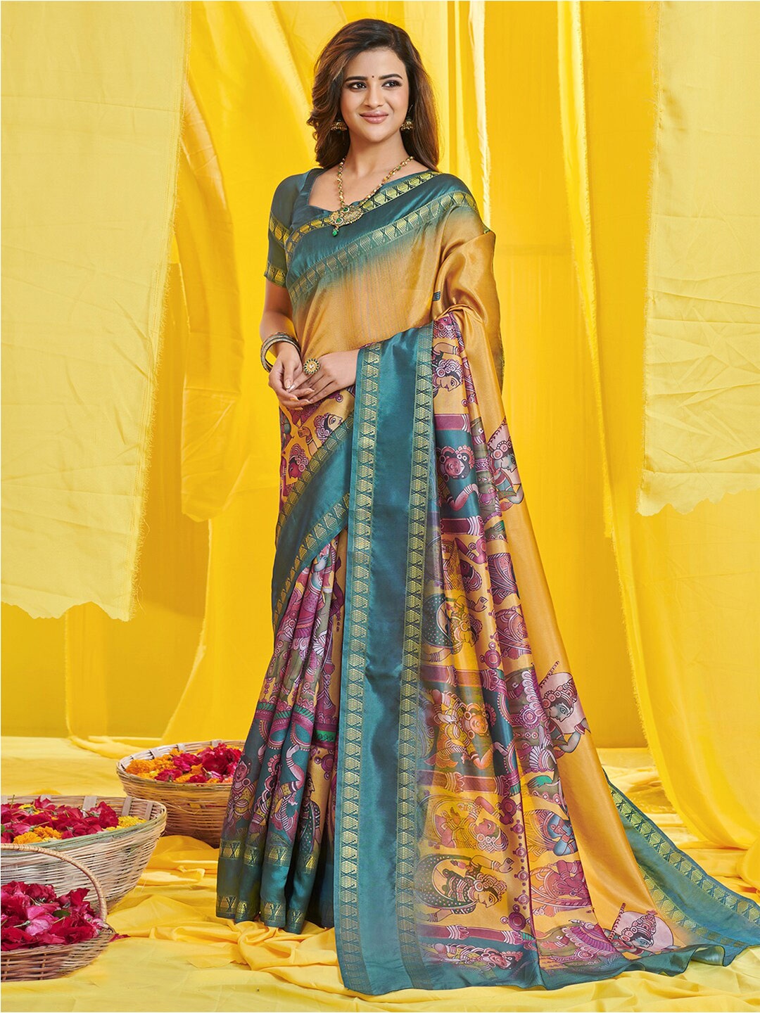

Saree mall Mustard & Pink Ethnic Motifs Printed Zari Silk Sarees