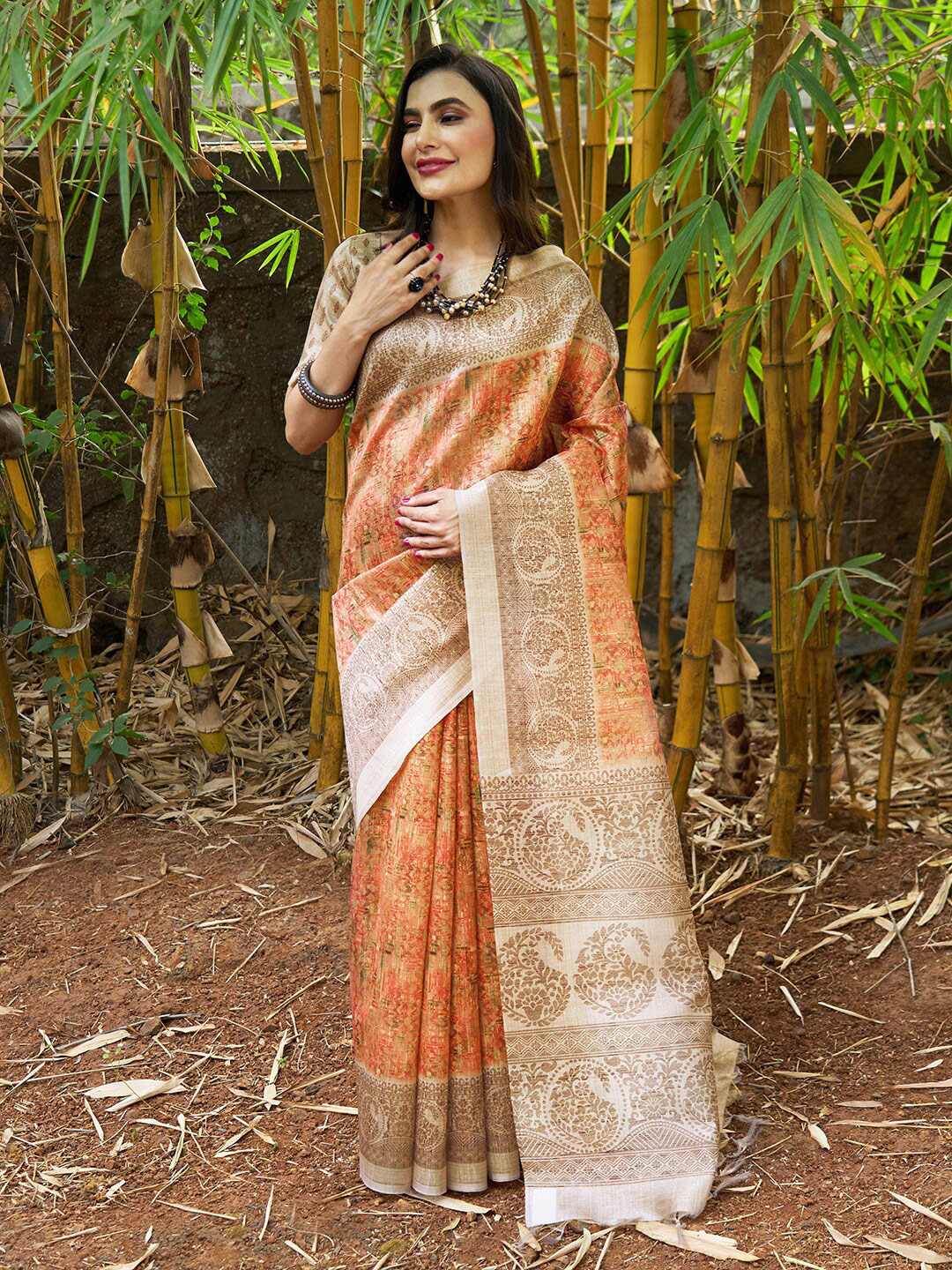 

Saree mall Peach-Colored & Brown Abstract Printed Zari Sarees
